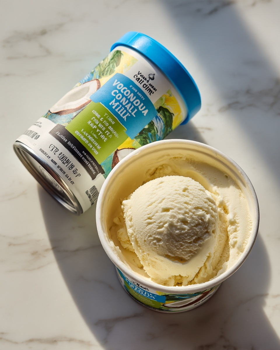 The image shows a close-up of a plastic container of vanilla ice cream with a blue lid placed on a white marbled surface. The container label features a large scoop of creamy vanilla ice cream with a smooth, slightly textured surface in light yellow and white shades. Next to it lies a can of coconut milk with a colorful label in green, yellow, and black. The can is tilted slightly on its side. Both items have text labels in black and white printed clearly on their surfaces. The overall scene is clean and bright with soft natural lighting, creating a fresh and simple look. photo taken with an iphone --ar 4:5 --v 7