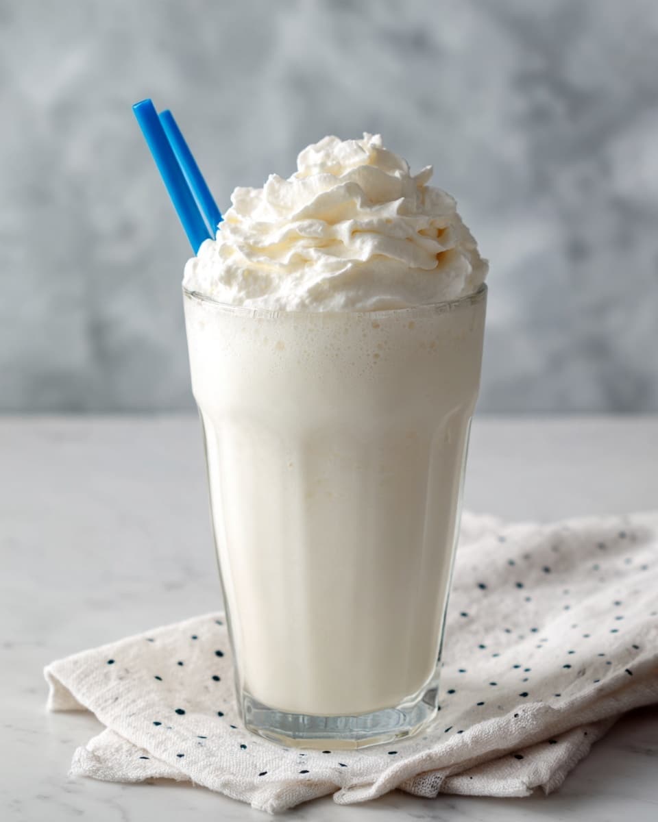 A clear glass holds a creamy white milkshake topped with a thick layer of whipped cream, which is fluffy and slightly textured with small peaks. A blue straw is inserted into the milkshake, standing upright from the top left side. The glass sits on a white cloth with black dots, placed on a white marbled surface. photo taken with an iphone --ar 4:5 --v 7