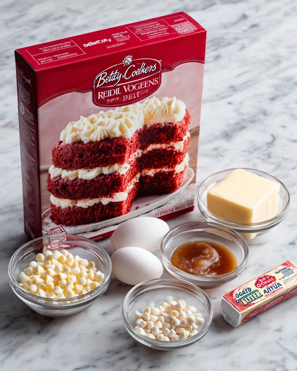 A red box of Betty Crocker Delights Super Moist Red Velvet Cake Mix featuring a photo of a two-layer red cake with white frosting between layers and on the side, placed on a white marbled surface. Next to the box, there are four clear glass bowls: one filled with white chocolate chips, one with a small amount of brown vanilla extract, one holding a white egg, and a stick of butter labeled
