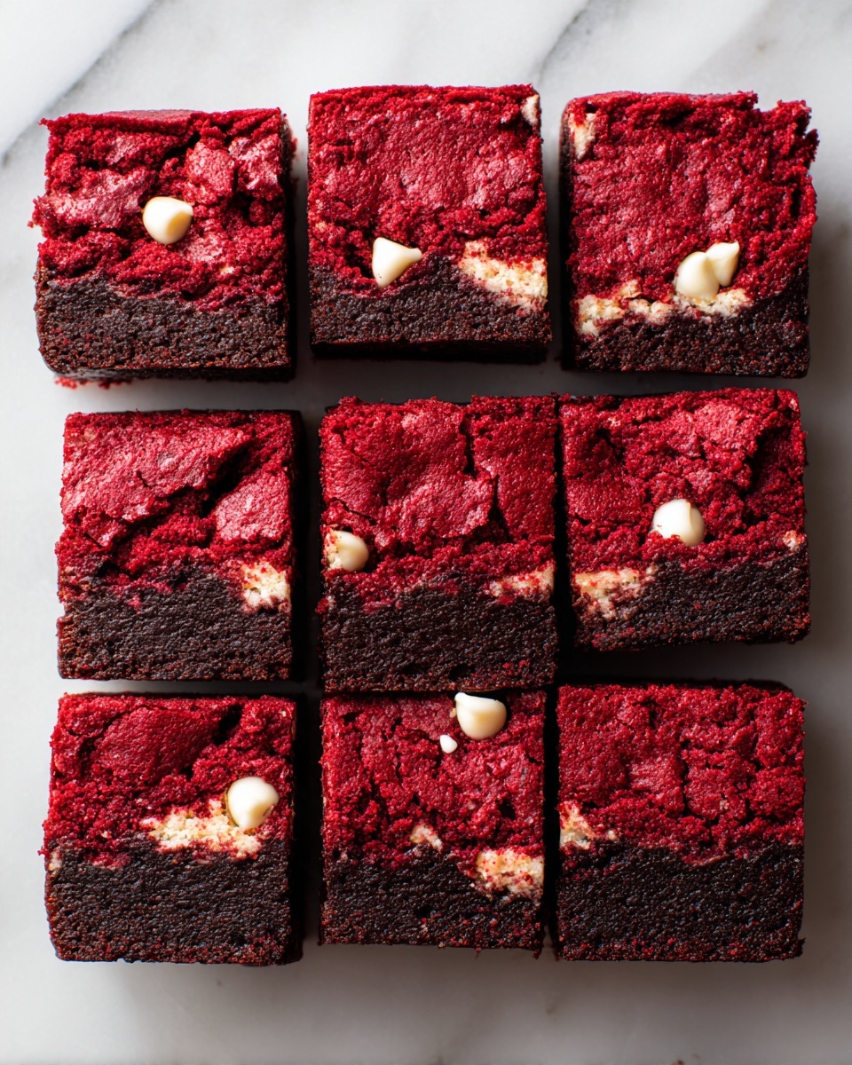 Nine square pieces of bright red dessert bars with a soft, slightly bumpy top layer studded with scattered white chocolate chips. Each square has a dark, dense bottom layer that contrasts with the vibrant red top. The pieces are arranged in a grid on a white marbled surface, showing slight cracks and texture variations on the surface of each piece. Photo taken with an iphone --ar 4:5 --v 7