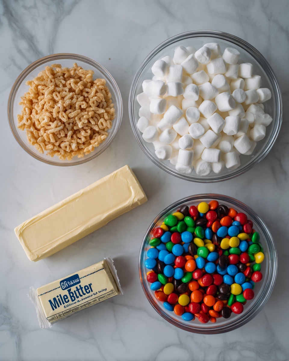 The image shows four items on a white marbled surface: a large clear glass bowl filled with white mini marshmallows on the top right, a slightly smaller clear glass bowl with light brown crispy rice cereal on the top left, a smaller clear glass bowl with colorful candy-coated chocolates in red, blue, yellow, green, orange, and black at the bottom right, and a wrapped stick of butter labeled