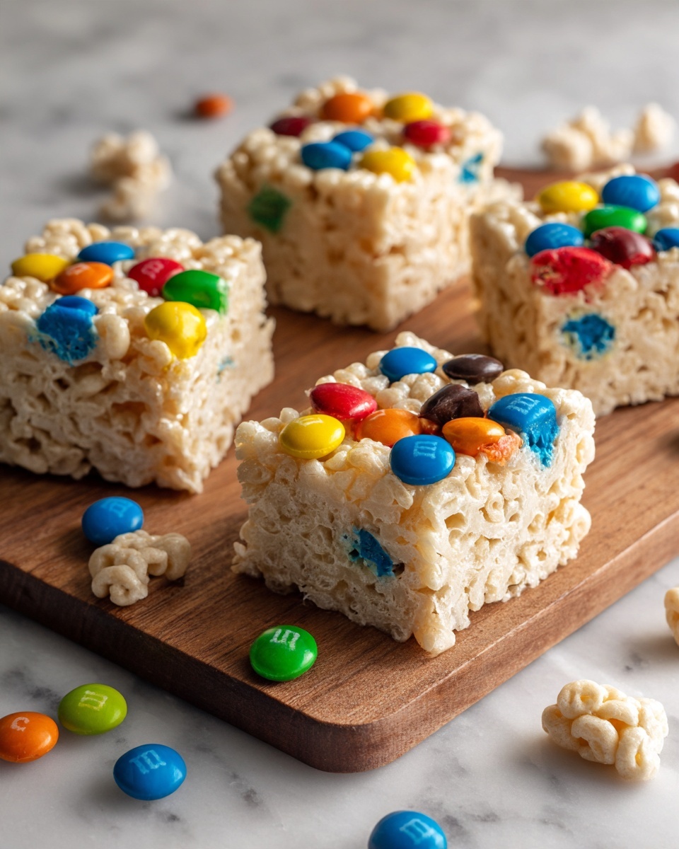 Four square pieces of M&M Rice Krispies treats sit close together on a wooden cutting board. Each treat shows a thick layer of Rice Krispies cereal mixed with melted white marshmallow, giving a soft, sticky texture. Scattered evenly on the treats are colorful M&M candies in red, blue, yellow, green, and black, some whole and some cracked, adding bright pops of color within the chewy cereal layer. Around the board and on the white marbled surface below, a few M&M candies and bits of puffed cereal are scattered randomly. The overall look is sweet, colorful, and inviting, photo taken with an iphone --ar 4:5 --v 7