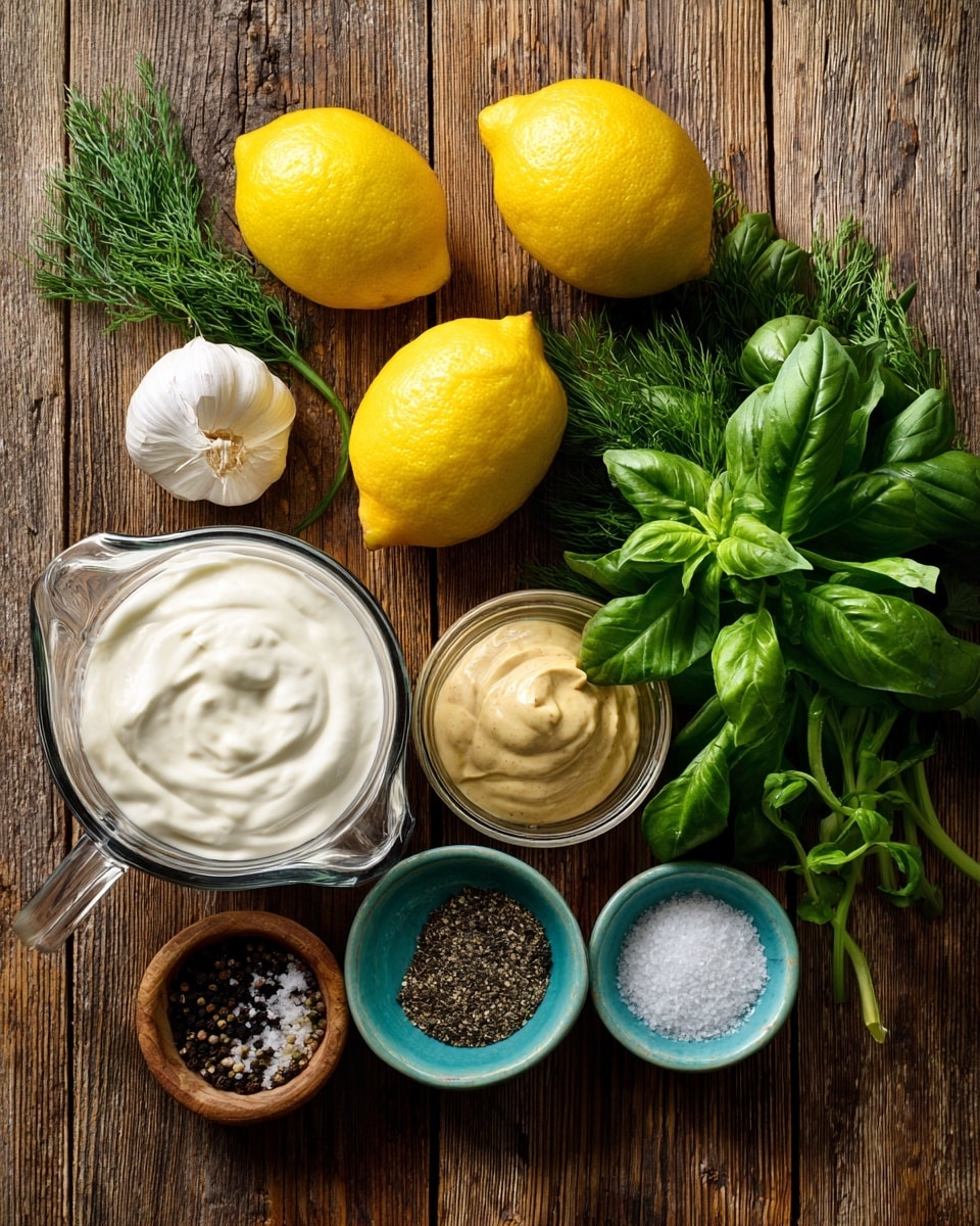 The image shows a top view of various fresh ingredients arranged on a wooden surface. There are two bright yellow lemons placed near a small white garlic clove. Next to them is a clear glass measuring cup filled with thick white yogurt. Beside it is a white measuring cup filled with a creamy white substance, likely mayonnaise. A small glass bowl contains smooth mustard with a light brown color. A bunch of fresh green herbs, including basil and dill, form a leafy pile on the right side, while two small bowls, one wooden with white salt and one turquoise with black pepper, are also visible. The colors are vibrant and natural, creating a fresh and clean cooking feel. Photo taken with an iphone --ar 4:5 --v 7