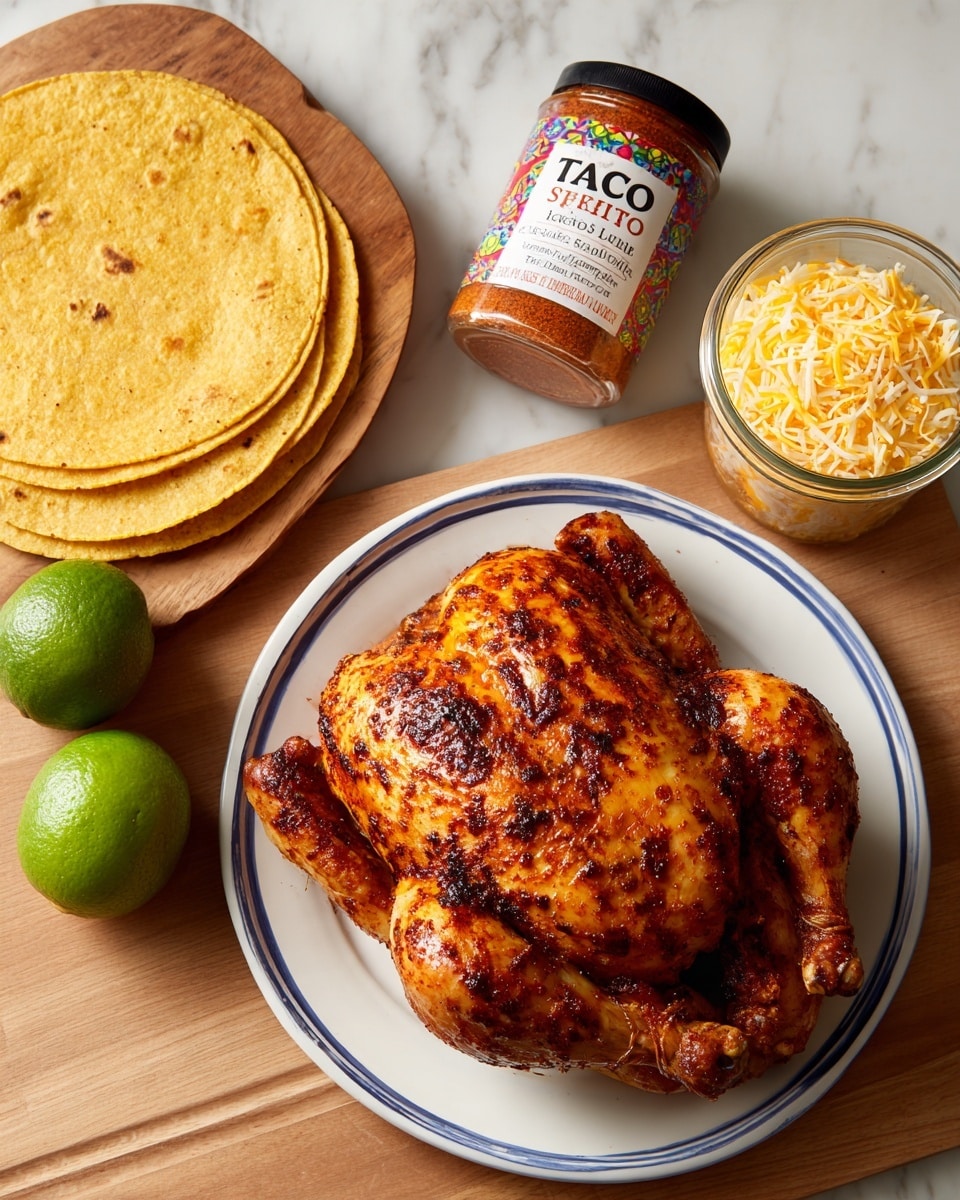 A whole cooked chicken with a golden brown and slightly charred skin sits on a white plate with blue rings near the edge, positioned on the right side. To the left of the chicken, there are two yellow corn tortillas stacked on a wooden surface, a whole green lime, a small clear jar labeled