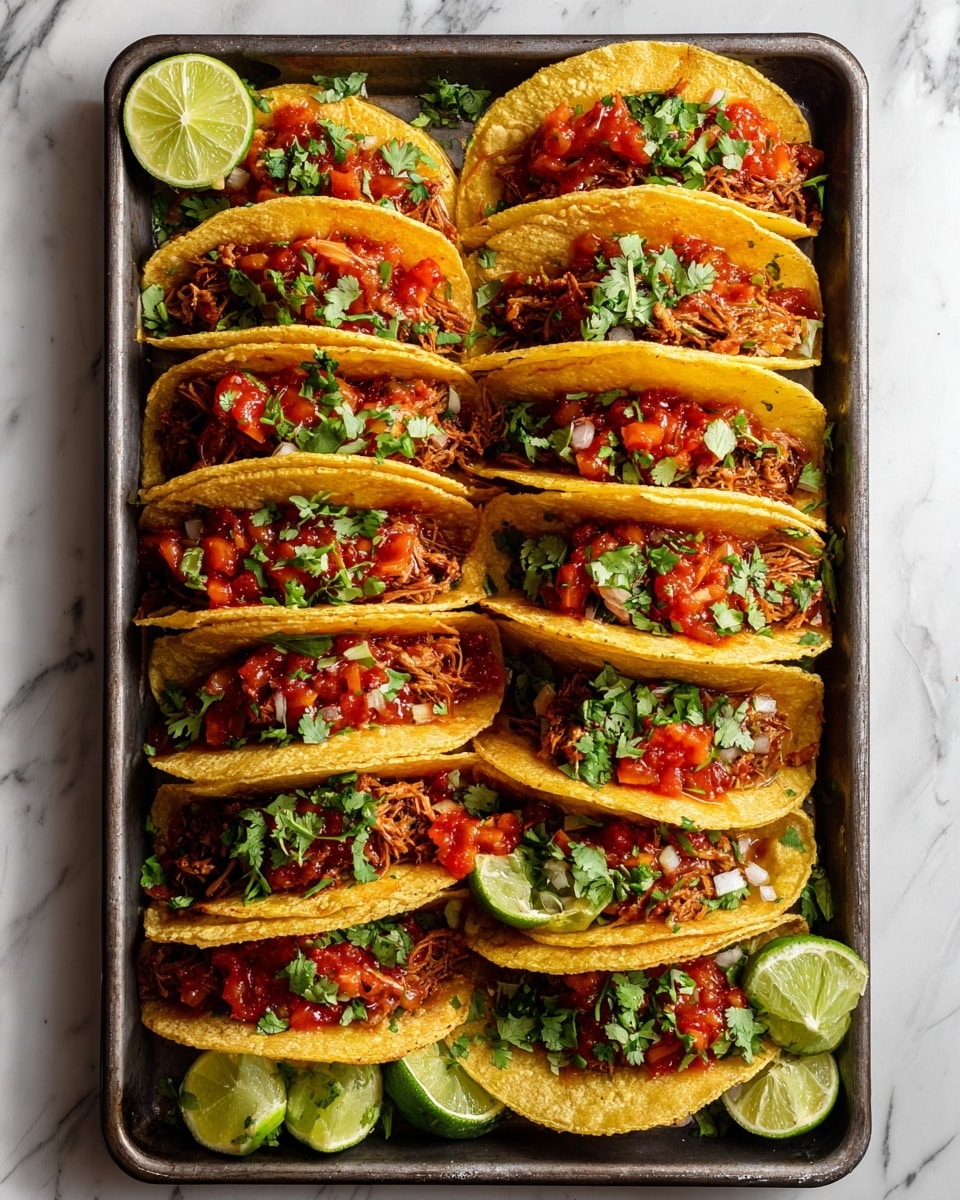 A baking tray holds eight small tacos arranged in scattered lines, each taco consisting of a single bright yellow, crispy tortilla folded over a shredded orange-brown filling mixed with finely chopped red tomatoes. Fresh green cilantro leaves are sprinkled on the tacos and tray, adding a fresh look. Three lime pieces, one whole half and two wedges of light green color, are placed among the tacos. The tray sits on a white marbled surface, enhancing the colors of the tacos and lime. photo taken with an iphone --ar 4:5 --v 7