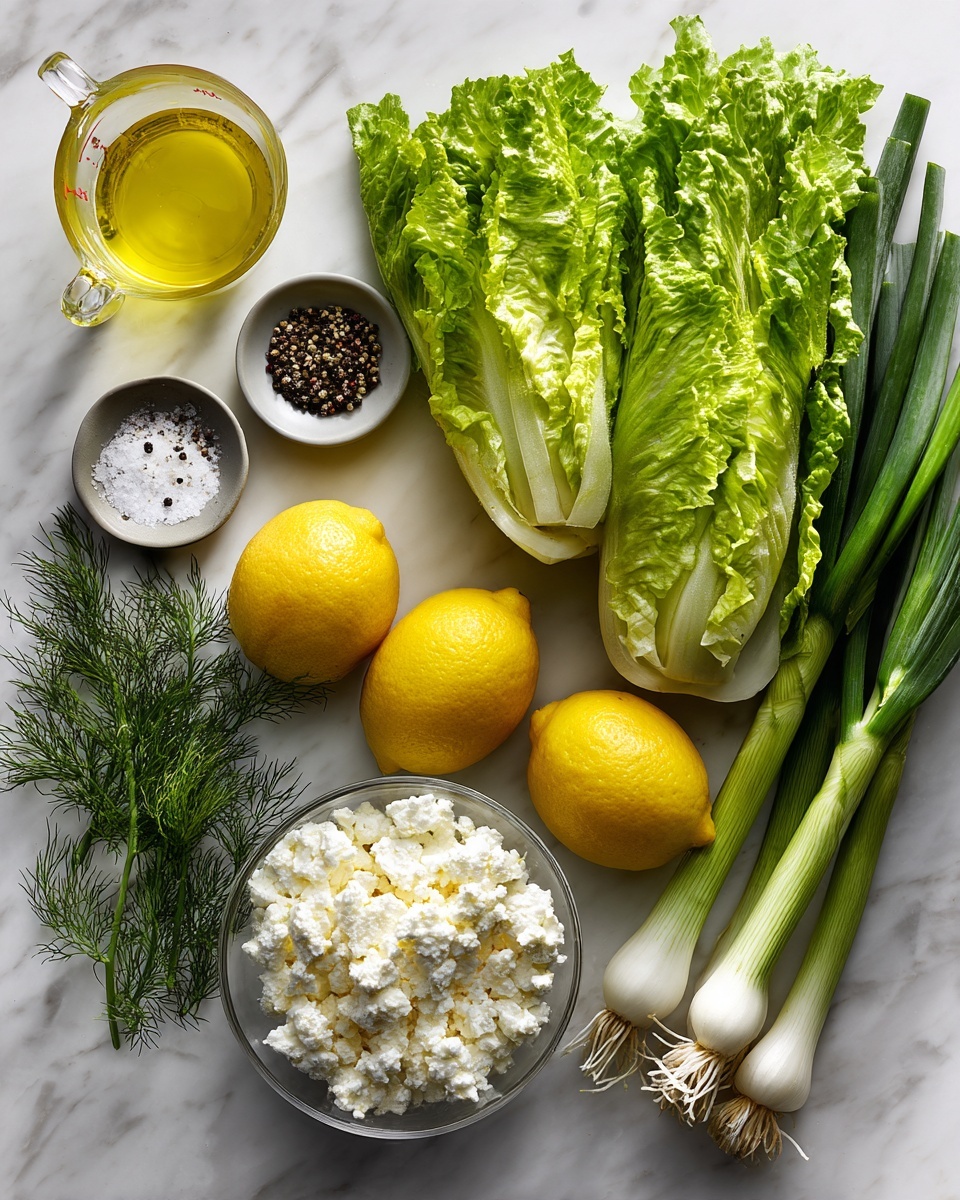 The image shows fresh ingredients arranged on a white marbled surface, including bright green romaine lettuce leaves stacked on the right side, and several green onions with white roots just below them. Two whole yellow lemons are placed near the center, alongside a small bunch of fresh dill with feathery green leaves. A clear glass bowl filled with white crumbled cheese sits at the bottom center. To the left, there is a clear measuring cup with a yellow liquid, likely oil, and two small round dishes holding black pepper and white salt. The colors are vivid, and the textures range from leafy greens to smooth lemons and soft cheese. Photo taken with an iphone --ar 4:5 --v 7