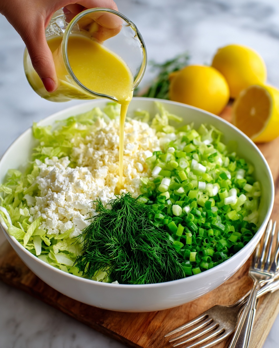 A large white bowl with four distinct layers of chopped greens: shredded light green lettuce, bright green chopped scallions, finely chopped darker green herbs, and small white chunks of soft cheese, all arranged side by side. A woman's hand is pouring a thick yellow dressing from a clear glass measuring cup onto the cheese layer. Two halved lemons with bright yellow skin sit in the background on a white marbled surface. A silver fork and spoon rest beside the bowl. Photo taken with an iphone --ar 4:5 --v 7