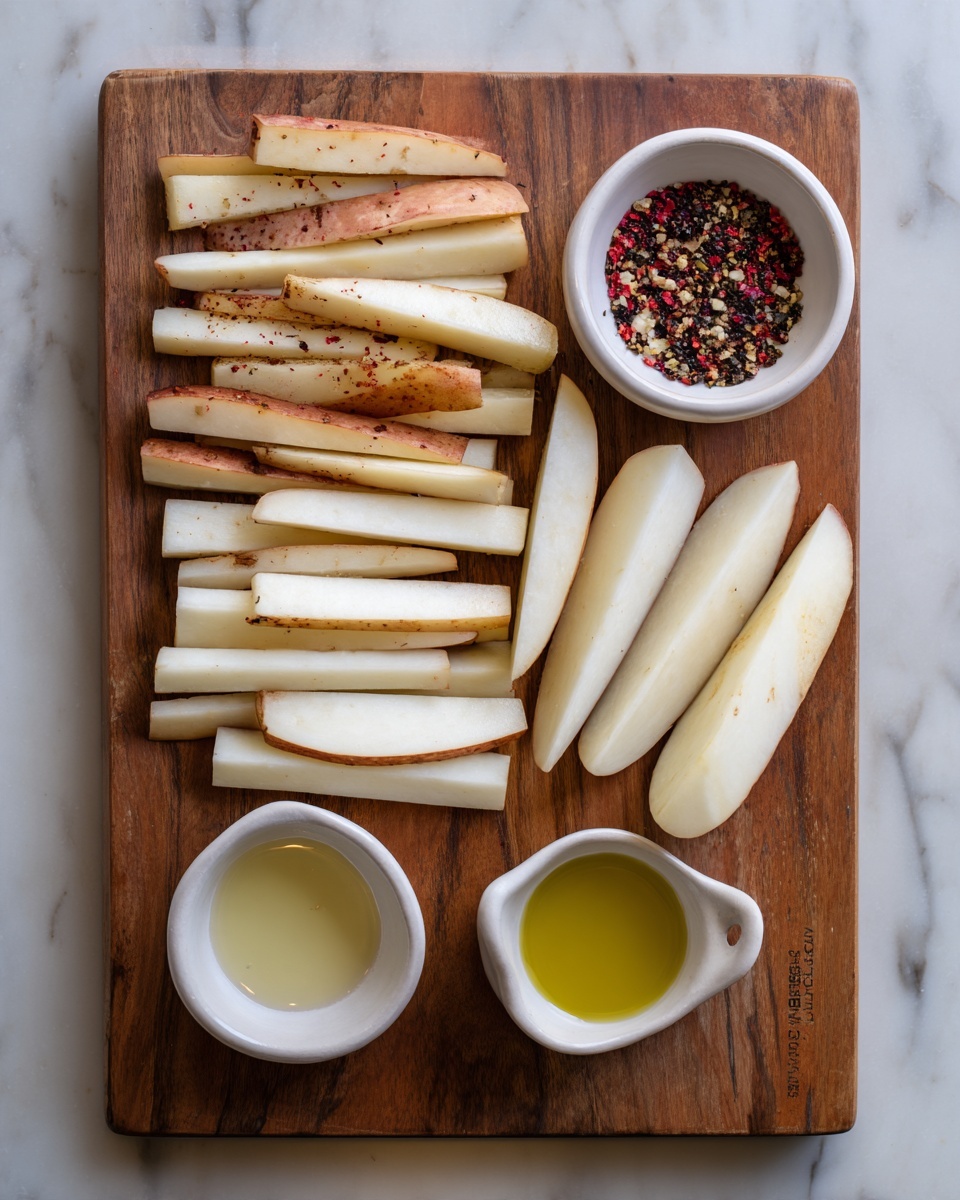 The image shows a wooden board with sliced potato pieces arranged in neat rows. On the left are thin cut potato sticks with brown skin edges, and on the right are three thick potato slices. Near the top right corner, there is a small white bowl with a mix of red, black, and white seasoning, and near the bottom left corner, there is another small white bowl with clear oil. The board is placed on a white marbled surface. photo taken with an iphone --ar 4:5 --v 7