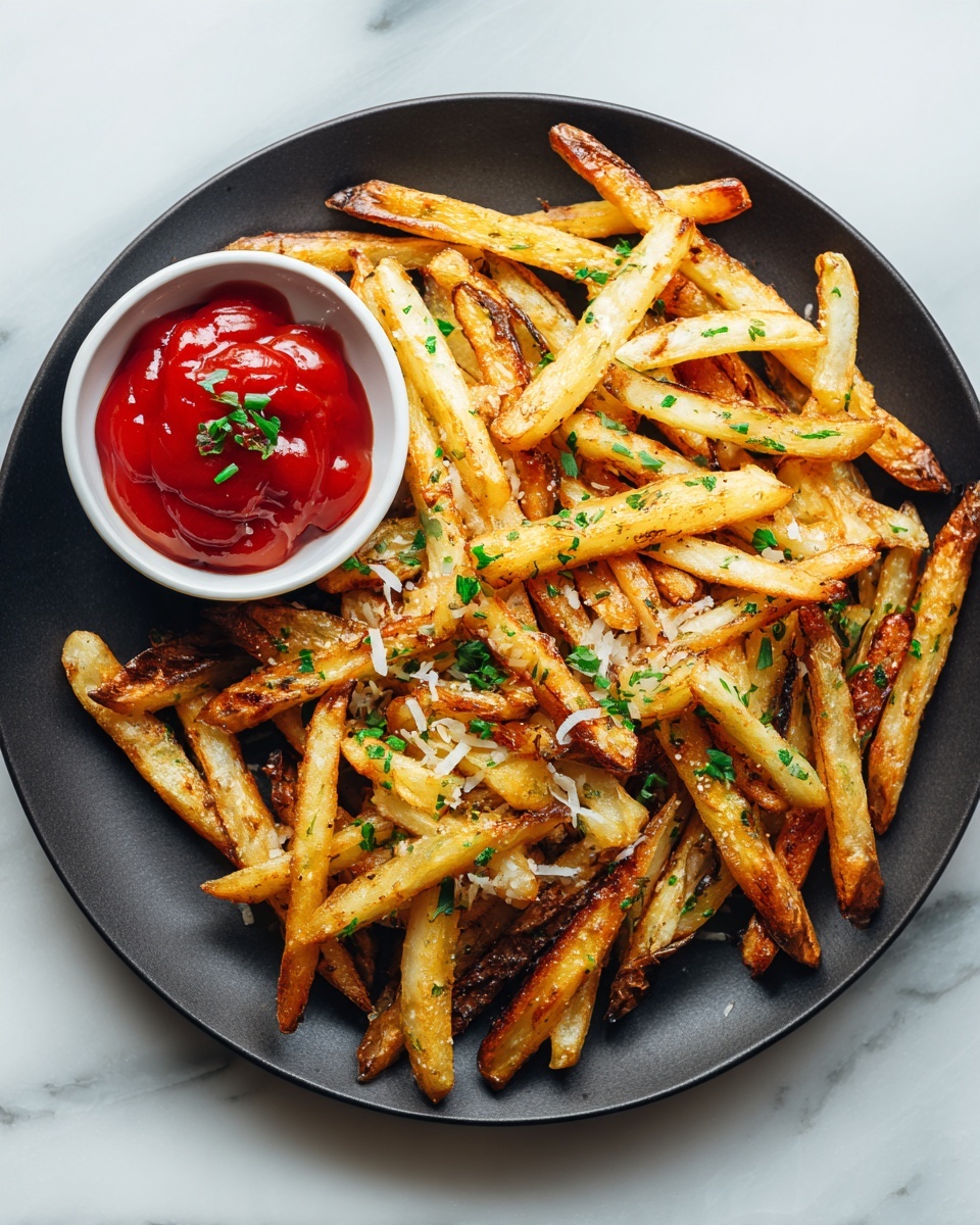 A pile of golden-brown fries with crispy edges scattered with small green herb pieces and tiny white shreds, all arranged on a dark plate. The fries show varied thickness with some skin still on and a light sprinkle of black pepper on them. On the left side of the plate, there is a small white bowl filled with rich red ketchup garnished with a few herb pieces. The plate rests on a white marbled surface with a striped cloth peeking in from the bottom right corner. Photo taken with an iphone --ar 4:5 --v 7
