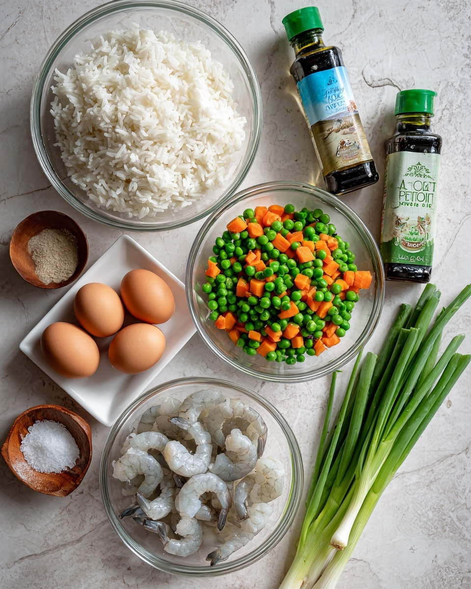 The image shows ingredients arranged on a white marbled surface. There is a large clear glass bowl filled with white cooked rice on the top left. Next to it on the right is a smaller clear glass bowl containing bright green peas and orange diced carrots mixed together. Below the rice, there is a white square plate holding four brown eggs. To the right of the eggs, two bottles stand upright: one with a blue label of coconut aminos and the other with a green label of pure sesame oil. Below the eggs, another clear glass bowl holds raw shrimp with a light grey and white color. There are two small bowls, one wooden with salt and one light green with a white powder. On the far right, three fresh green onions with white bottoms lay diagonally on the surface. photo taken with an iphone --ar 4:5 --v 7