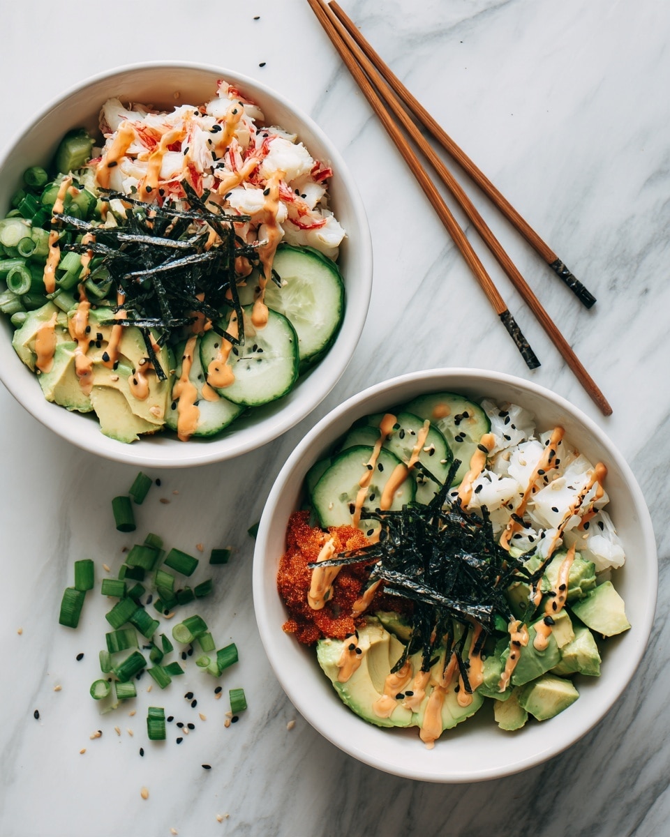 Two white bowls sit on a white marbled surface filled with a layered salad. Each bowl has a base layer of bright green cucumber slices, followed by chopped white and red crab or imitation crab meat chunks spread on top. One bowl includes diced light green avocado and dark green chopped scallions mixed with thin black strips of seaweed. Both bowls are drizzled with a light orange creamy sauce and sprinkled with black sesame seeds. A pair of light wooden chopsticks rests beside the bowl in the foreground and some sliced green chili or scallions lay nearby. Photo taken with an iphone --ar 4:5 --v 7