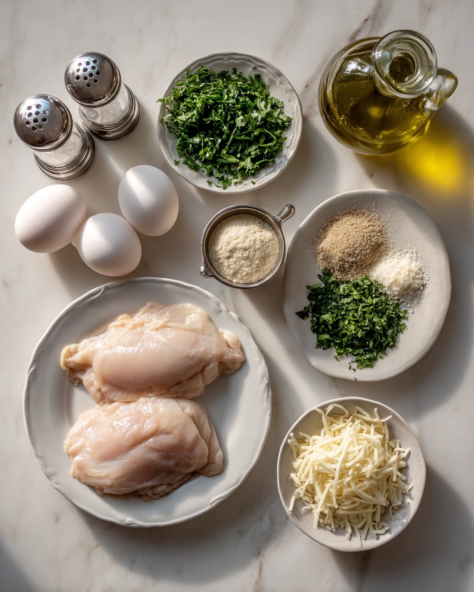 The image shows various cooking ingredients arranged neatly on a white marbled surface. There are two white eggs near a glass bottle filled with olive oil at the top right. Below the eggs is a small silver cup filled with a fine, light beige powder. To the left of that cup, there is a white plate holding two large pieces of raw chicken with a pale pink color. Above the chicken plate, a larger white plate contains three piles: fresh chopped green herbs on the left, dark green chopped herbs in the middle, and a small pile of light brown granular powder on the right. Below and to the left of the herb plate, a small silver cup holds shredded white cheese. In the top left corner are salt and pepper shakers. The whole setup is brightly lit with natural light. photo taken with an iphone --ar 4:5 --v 7