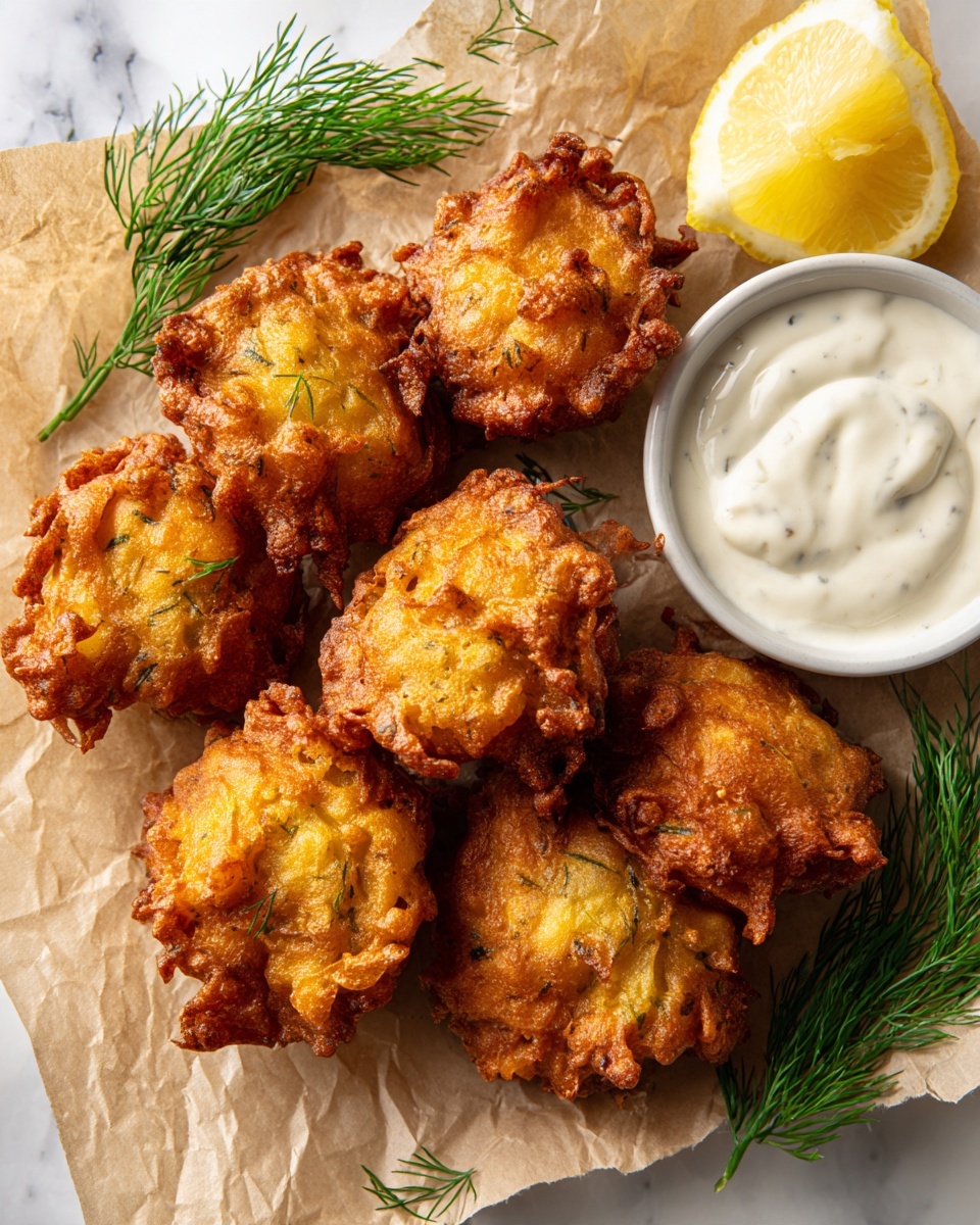Seven golden brown fritters with a crispy texture and uneven round shapes sit on a crumpled light brown paper surface. Bright green dill sprigs are scattered around the fritters, adding a fresh contrast. A small white bowl filled with creamy white sauce sits near the top, next to a lemon half showing its juicy, pale yellow interior. The overall scene is simple and rustic with warm and fresh tones. photo taken with an iphone --ar 4:5 --v 7