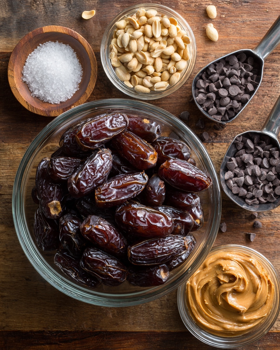 A clear glass bowl filled with dark brown, shiny dates sits on a wooden surface. Around the bowl are four containers: a metal scoop with light tan peanuts, a small wooden bowl with coarse white salt, a metal scoop with dark chocolate chips, and another metal scoop filled with creamy peanut butter that has a smooth texture with small lumps. The items are arranged neatly on a wood-textured background. photo taken with an iphone --ar 4:5 --v 7