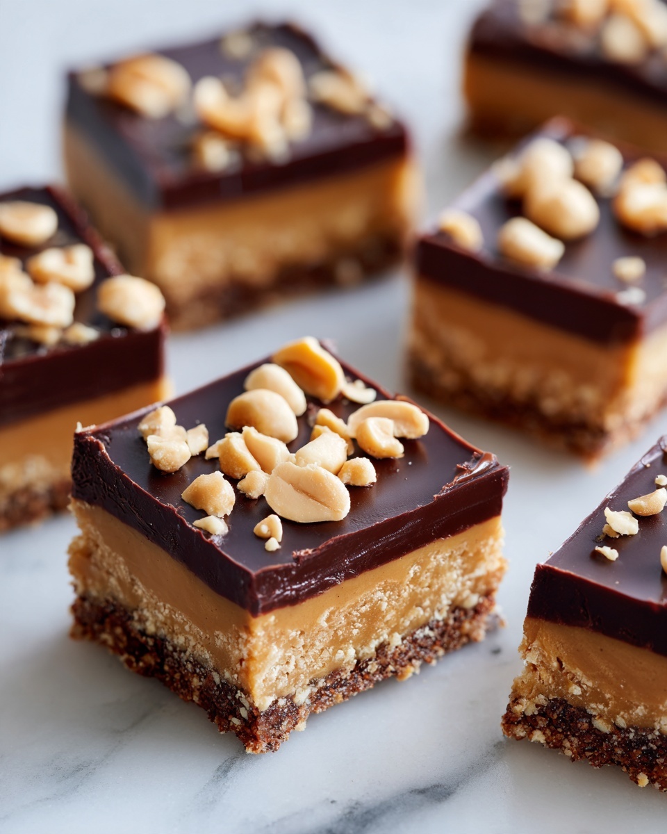 The image shows several square pieces of a three-layered treat on a white marbled surface. The bottom layer is a firm light brown base. The middle layer is a creamy peanut butter spread with a smooth texture, slightly spilling over the edges in places. The top layer is a glossy dark chocolate coating, sprinkled generously with chopped light brown peanuts, creating a rough and crunchy texture. The pieces are close together with some gaps, and the overall look is rich and textured. photo taken with an iphone --ar 4:5 --v 7