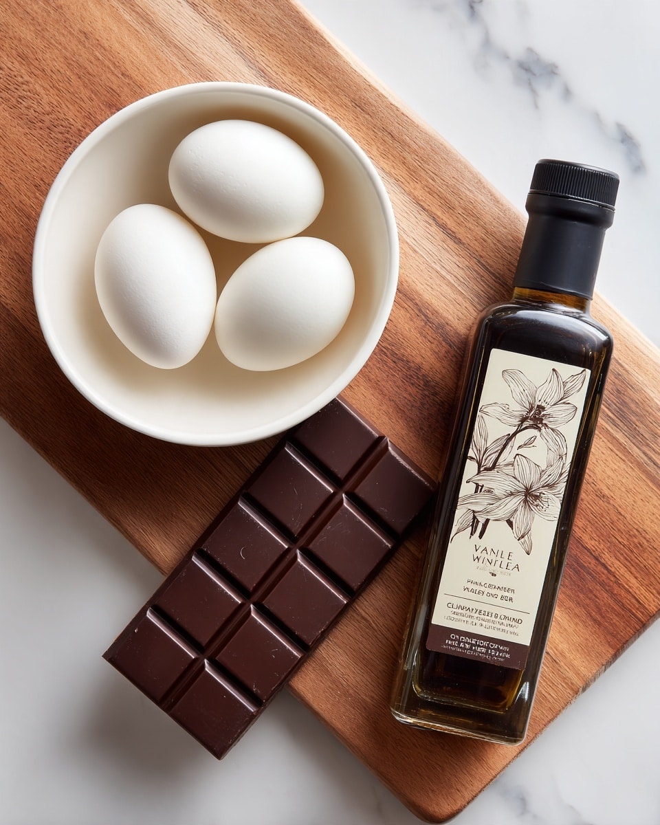 A white bowl holds three smooth white eggs positioned on the left side of a wooden surface. Next to the bowl, in the center, is a dark brown rectangular chocolate bar divided into six squares with a slightly matte texture. On the right side lies a clear bottle of pure vanilla extract with a black cap and a cream-colored label featuring vanilla flower illustrations and text. The whole setup is on a white marbled texture surface. photo taken with an iphone --ar 4:5 --v 7