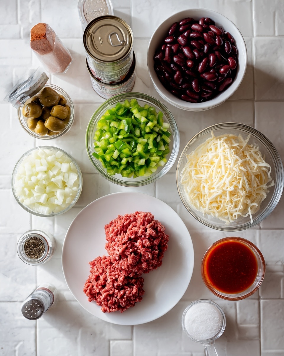 The image shows several ingredients arranged neatly on a white marbled surface. At the center bottom, there is a white plate holding two portions of red raw ground meat. To the right of the meat is a small white bowl filled with chopped green bell peppers, and next to it is a smaller white bowl containing diced white onions. Slightly above and to the right, a clear glass bowl is loaded with shredded white cheese. To the left of the cheese bowl is another small clear bowl filled with more chopped white onions. Behind these bowls are three labeled canned goods stacked vertically: dark red kidney beans on top, chili pinto beans in the middle, and a small unopened can of black ripe olives in front. On the far left, there are jars: a chili powder container at the back and a ground black pepper container in front. On the far right are a white container of iodized salt and a small clear measuring cup filled with a thick red sauce. The background is tiled in white, and everything is brightly lit. photo taken with an iphone --ar 4:5 --v 7
