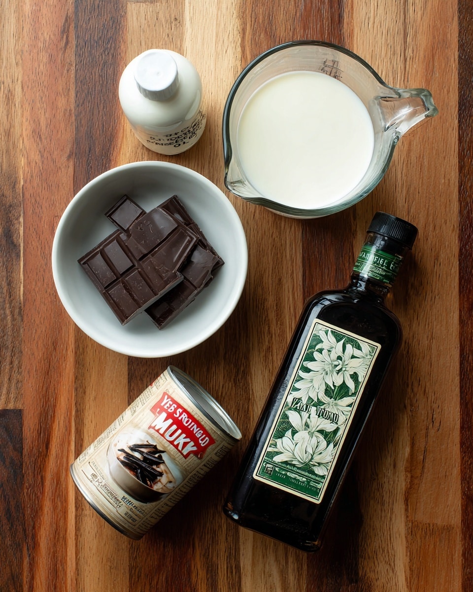 A wooden table holds five ingredients arranged neatly: at the top right, a clear glass measuring cup filled with white half-and-half cream, below it a white container of iodized salt with green labeling, next to that stands a tall dark bottle of pure vanilla extract with a beige label featuring vanilla flowers, to the left of the salt is a small white bowl with three pieces of dark unsweetened chocolate stacked inside, and below the bowl is a can of sweetened condensed milk with a red label showing a dessert image. The scene is bright and clear with no other objects. Photo taken with an iphone --ar 4:5 --v 7