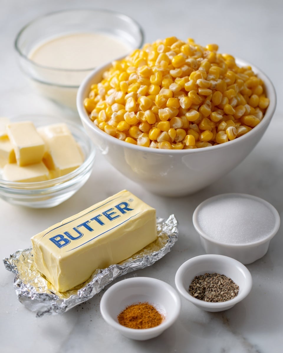 A white bowl is full and heaped with bright yellow corn kernels, sitting in the center on a white marbled surface. Behind it, two clear glass bowls hold creamy white liquids, one larger and one smaller. In front of the big bowl, there are two sticks of butter, one wrapped in silver foil and the other in yellow paper with blue text saying