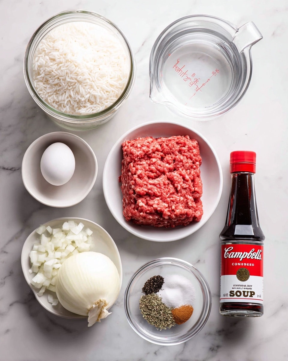 A white marble surface holds various ingredients arranged neatly: a small glass jar filled with uncooked white rice at the top left, a measuring cup with clear water next to it on the right, and a wrap of red-packaged ground beef placed horizontally below those. Below the jar of rice is a raw white egg sitting next to a small glass bowl filled with chopped white onions. In front of the ground beef is a white round dish with salt, dried herbs, and black pepper arranged in sections. On the right side, a red and white can of Campbell’s tomato soup stands upright beside a tall black bottle of Lea & Perrins Worcestershire sauce. The colors are bright and clear, highlighting the fresh and packaged ingredients on a plain white marbled surface. Photo taken with an iphone --ar 4:5 --v 7