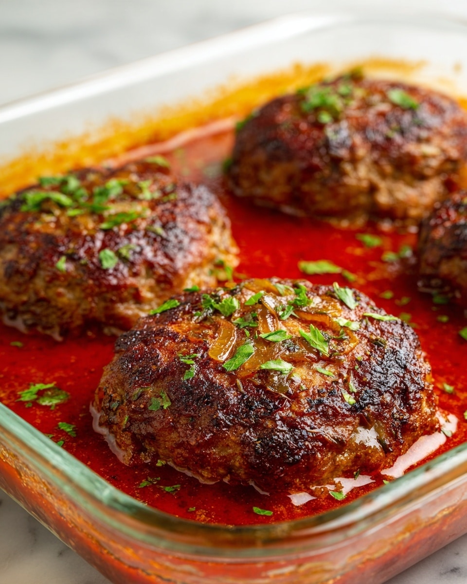This close-up image shows three browned meat patties in a clear glass baking dish filled with bright red tomato sauce. The patties have a rough, textured surface that looks slightly crispy and are topped with small pieces of cooked white onion and green herb flakes. The sauce reflects light, creating shiny spots on its smooth, liquid surface. The baking dish rests on a white marbled surface. photo taken with an iphone --ar 4:5 --v 7