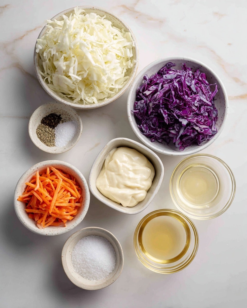 The image shows seven white dishes arranged on a white marbled surface, each holding different ingredients. At the top left is a bowl of finely shredded white cabbage with a soft, fluffy texture. To its right, a bowl contains finely chopped deep purple cabbage, with a slightly moist, crisp look. Below the white cabbage, there is a bowl of bright orange grated carrots with thin, irregular strips. At the center right, a small square white bowl is filled with thick, creamy white mayonnaise. Below the carrots sits a small round dish with a pale yellow liquid, likely juice or oil. Next to it, a clear dish with granulated white sugar is placed. At the bottom left, a small bowl contains a mix of black pepper and coarse salt. Finally, the bottom right holds a clear bowl with a light golden liquid, such as vinegar or oil. photo taken with an iphone --ar 4:5 --v 7