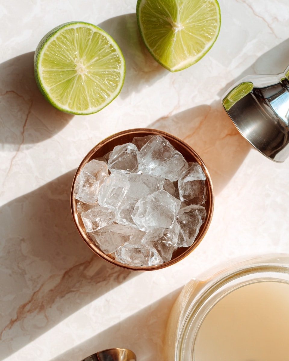 The image shows a copper cup filled with clear ice cubes in the center on a white marbled surface. Above the cup, there are two lime halves, one placed flat and the other slightly tilted, both showing a green color with visible segments. To the right of the cup, there is a shiny metal jigger with a smooth surface, empty inside. In the lower right corner, a glass jar filled with a light beige liquid is partially visible. The image is well-lit with soft natural light. Photo taken with an iphone --ar 4:5 --v 7