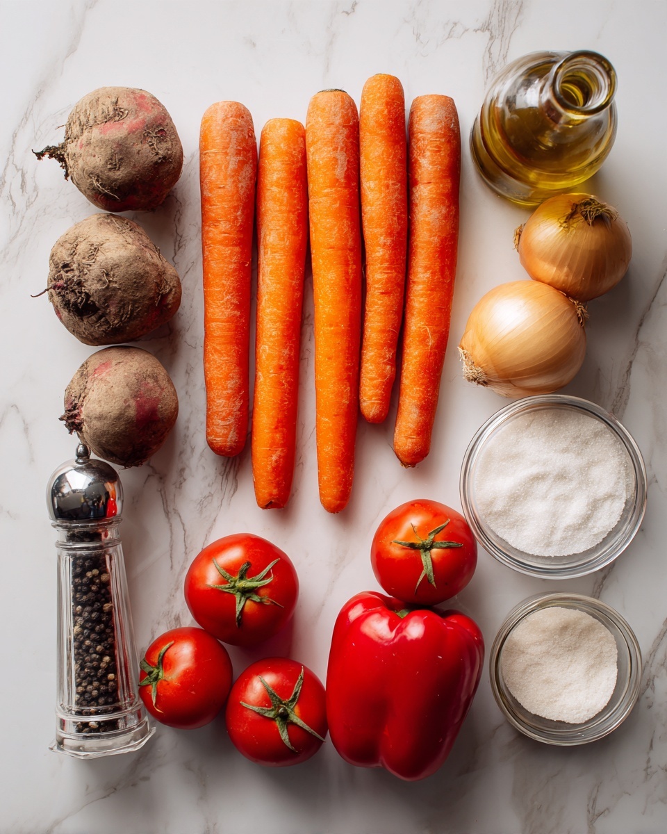 The image shows a white marbled surface with raw vegetables and cooking items arranged neatly. On the left side, there are five brownish-red beets with rough skin. Next to them, there are eight long, bright orange carrots lying close together. To the right of the carrots, three round yellow onions with light brown skin sit near a shiny red bell pepper. Below the onions and pepper, six smooth red tomatoes are placed in a small cluster. On the far right, there are three clear containers: a bottle of vinegar, a jar of white sugar, and a bottle of pure olive oil. A transparent pepper grinder filled with black pepper is also visible near the vinegar bottle. All items are ordered cleanly for a clear view photo taken with an iphone --ar 4:5 --v 7
