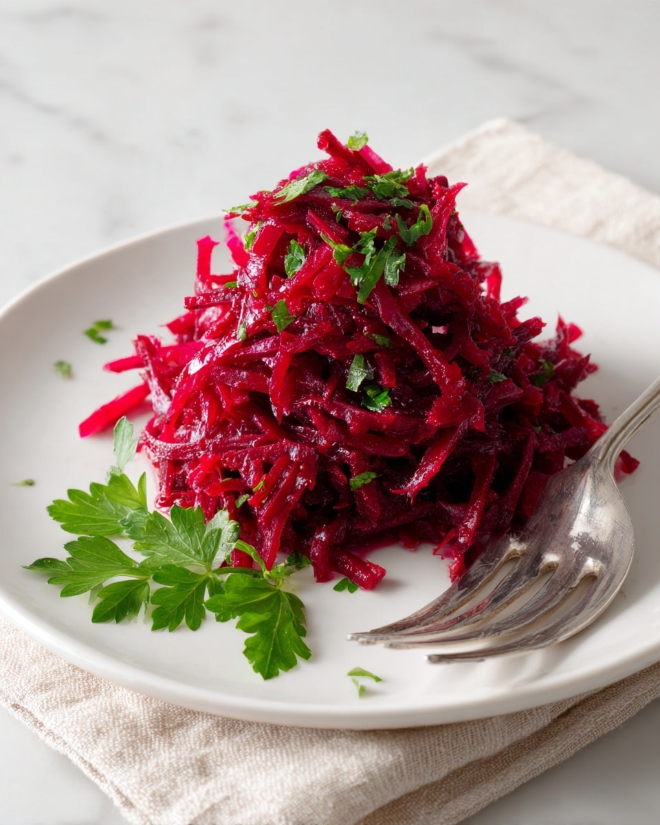 A white plate shows a pile of shredded beetroot salad with a deep red color and a slightly wet texture. The beetroot strands are mixed with small bits of green herbs sprinkled on top, adding a touch of fresh color. On the left side of the plate, there are a few sprigs of bright green parsley. A silver fork rests on the right edge of the plate with its tines touching the beetroot salad. The plate is set on a beige cloth napkin, all placed on a white marbled surface. photo taken with an iphone --ar 4:5 --v 7