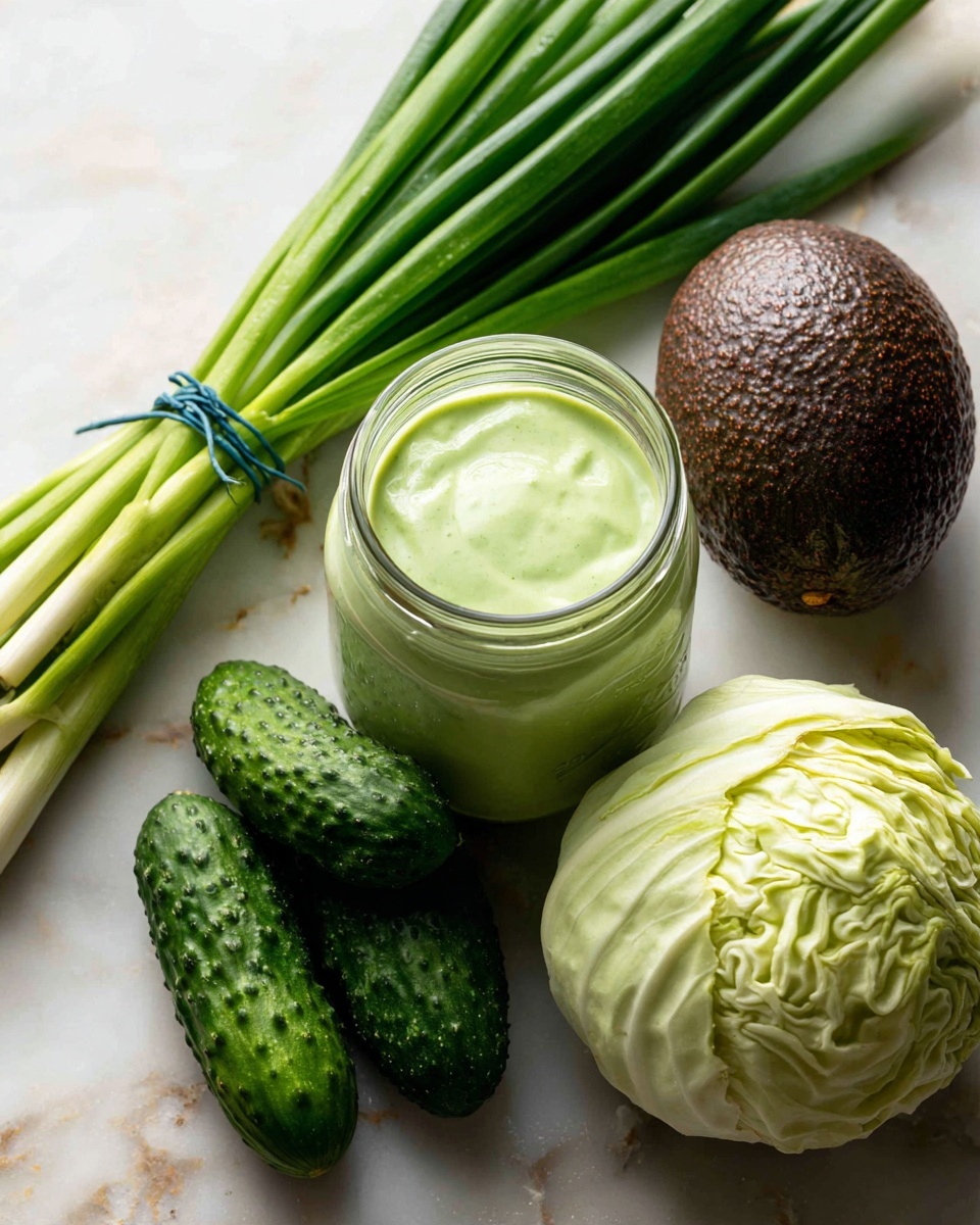 A clear glass jar filled with green creamy sauce, placed on the left side. Above it, a bunch of green onions tied with a blue string, laying horizontally. Below the green onions, three dark green mini cucumbers with a bumpy texture are grouped together. To the right of the cucumbers, a dark brown avocado with a rough skin lies next to a round pale green cabbage with tightly packed leaves. All items are placed on a white marbled textured surface photo taken with an iphone --ar 4:5 --v 7