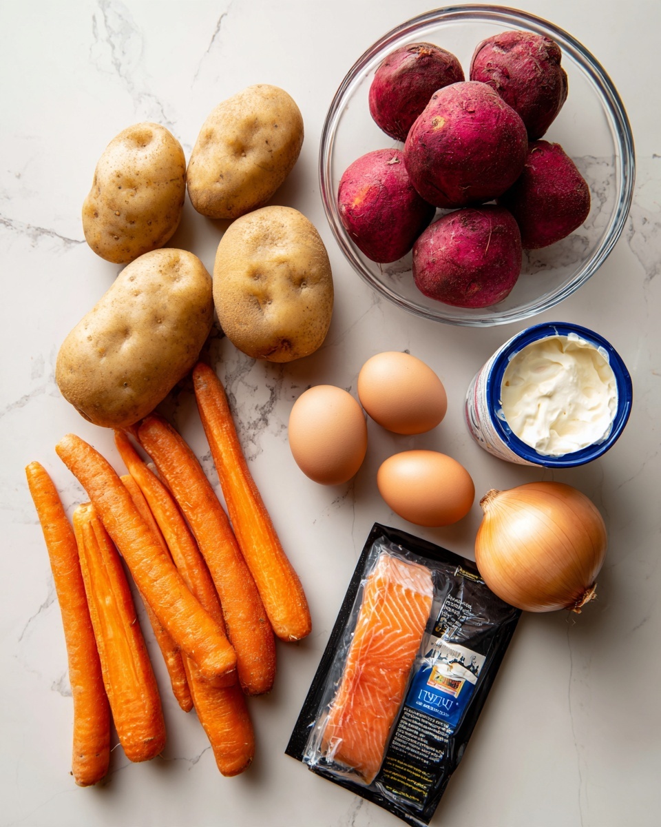 The image shows a collection of fresh ingredients laid out on a white marbled surface. There are five whole potatoes with rough tan skin at the top left, next to a clear glass bowl containing four bright red beets with rough, textured skin, some cut to show their deep red inside. Below the potatoes and beets, there is a black package of smoked salmon with orange-colored fish visible through the packaging. Toward the bottom left, there are six whole carrots with smooth orange skin arranged in a cluster. Four brown eggs lie near the center, next to a single round onion with light brown papery skin. On the right side, a jar of mayonnaise with a white and blue label rests on the surface. photo taken with an iphone --ar 4:5 --v 7