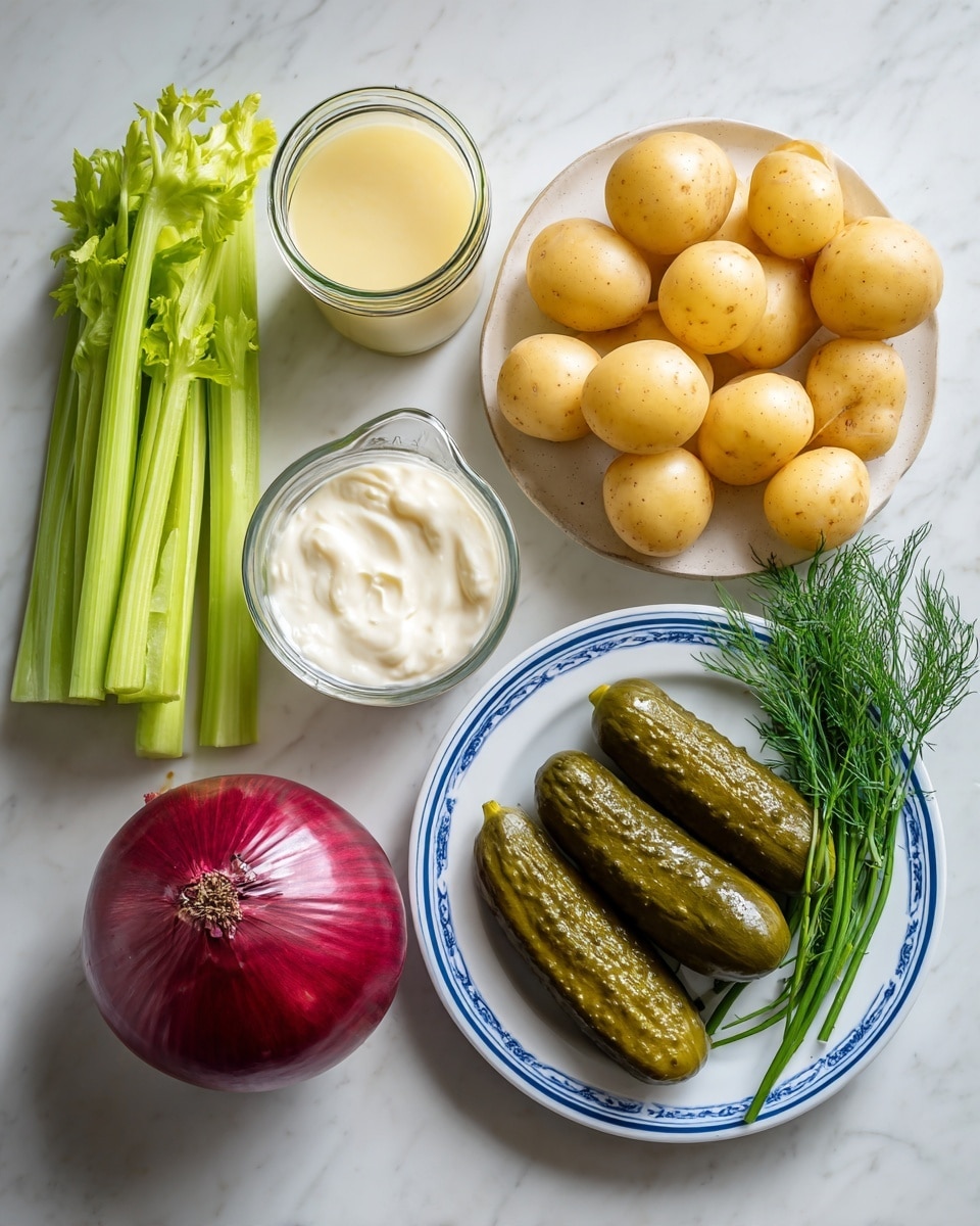The image shows a clear glass bowl filled with small round yellow potatoes in the top right. Below it, on a white plate with blue rings, there are four dark green pickles arranged side by side. To the left of the plate, a jar of organic capers lies on its side near two tall bright green celery sticks. In the bottom left corner, a large red onion with a shiny purple outer skin is placed. Above the plate, a small glass bowl holds a pale mustard yellow sauce, next to a white measuring cup filled with thick white sour cream. Fresh sprigs of bright green dill are placed in the bottom right corner. The items rest on a white marbled surface. photo taken with an iphone --ar 4:5 --v 7