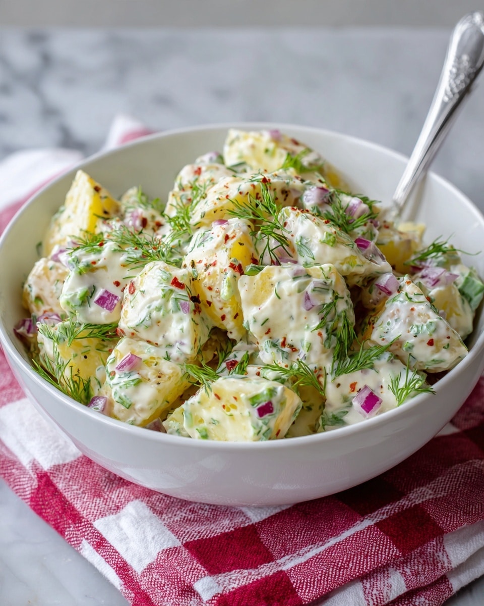 A close-up of a white bowl filled with a chunky potato salad that has three main layers: soft yellow potato pieces with some golden brown spots, diced red onions, and small bits of green celery all mixed in a creamy white dressing with small flecks of fresh green dill scattered on top. A silver spoon rests inside the bowl on the right side. The bowl is placed on a white marbled surface with a red and white checkered cloth partially visible underneath. photo taken with an iphone --ar 4:5 --v 7