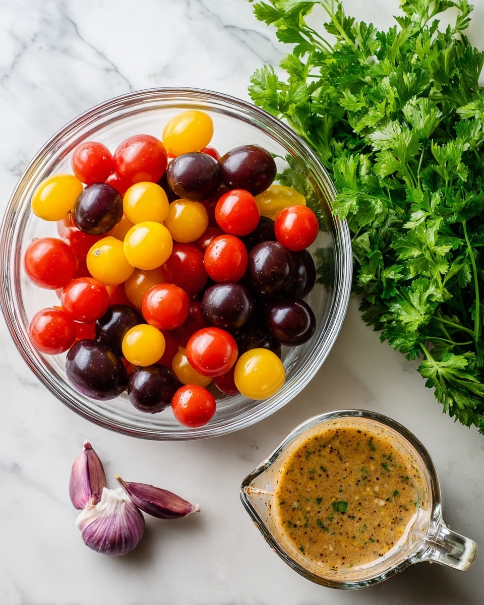 A clear glass bowl filled with three colors of cherry tomatoes: bright red, yellow, and dark purple. The tomatoes are round and shiny, filling the bowl almost to the top. Next to the bowl is a clear glass measuring cup with a thick, speckled dressing that looks creamy with visible herbs and spices. Two cloves of purple garlic sit on the white marbled surface near the bowl and dressing. A bunch of fresh, bright green parsley lies in the top right corner, adding fresh color to the scene. The photo taken with an iphone --ar 4:5 --v 7