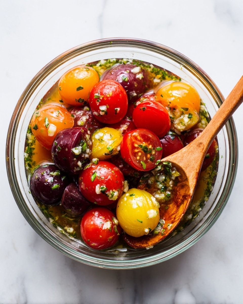 A clear glass bowl filled with a colorful mix of halved cherry tomatoes in red, yellow, and dark purple colors, floating in a light, slightly oily dressing with visible herbs and small bits of garlic. A wooden spoon rests on the right side inside the bowl, partially covered by the tomatoes and dressing. The bowl sits on a white marbled surface. photo taken with an iphone --ar 4:5 --v 7
