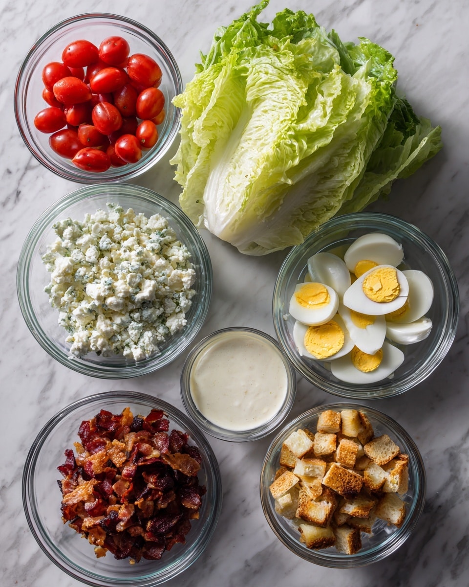 A white marbled surface holds seven clear glass bowls arranged around a whole head of pale green iceberg lettuce placed in the center. The top left bowl contains small bright red cherry tomato halves with a shiny texture. To the bottom left, a bowl of crumbled white and light blue cheese shows a rough texture. Below that is a bowl filled with crispy, dark reddish-brown bacon bits with a slightly rough look. The bottom right bowl features golden brown, crunchy croutons with uneven shapes. On the right side, a bowl of creamy white dressing shows a smooth surface. Above it, another bowl holds quartered hard-boiled eggs with white edges and yellow centers. The photo taken with an iphone --ar 4:5 --v 7