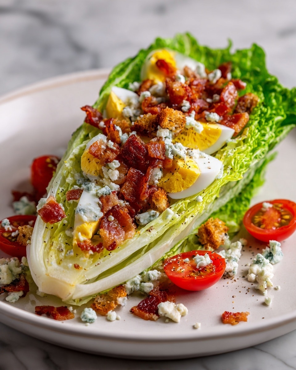 A wedge salad served on a white plate sits on a white marbled surface. The bottom layer is a large wedge of pale green iceberg lettuce, topped with halved bright red cherry tomatoes, chunky white boiled egg pieces, and golden brown crispy bacon bits. There are golden croutons scattered on top and around the salad. The salad is generously covered with creamy, white dressing and sprinkled with cracked black pepper and crumbled white cheese. Photo taken with an iphone --ar 4:5 --v 7