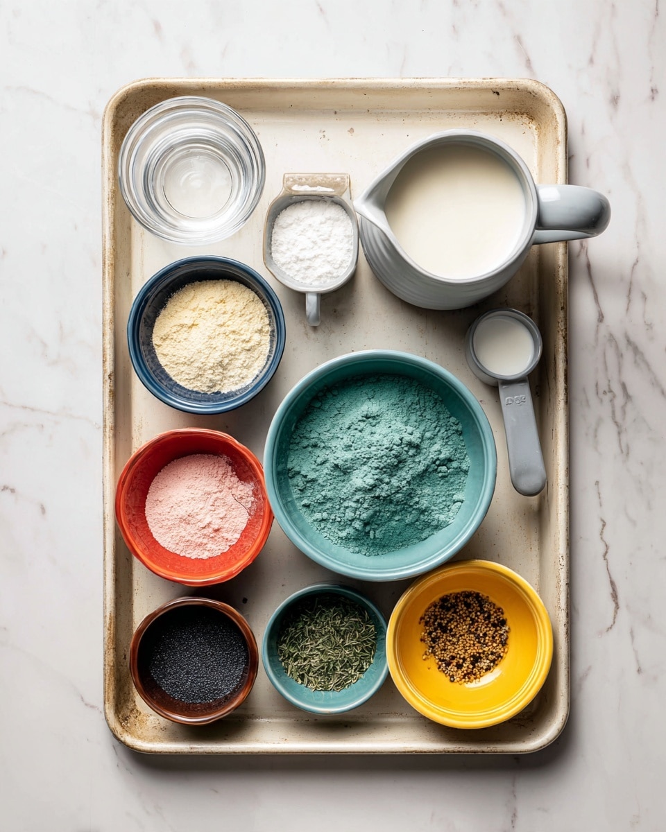 A baking tray on a white marbled surface holds eight small dishes and a measuring pitcher with white liquid. The dishes are arranged in three rows; the top row has a small clear glass bowl, a white measuring cup filled with a white creamy substance, and the measuring pitcher on the right side. The middle row has a small brown bowl with white powder on the left, a blue bowl with beige powder in the center, and a teal bowl with green herbs on the right. The bottom row holds a red bowl with light pink powder on the left, an orange bowl with dark green powder in the center, and a yellow bowl with black and brown spices on the right. On the right side next to the pitcher, there is a gray measuring cup filled with a white creamy ingredient. The whole tray is placed on a white marbled surface. photo taken with an iphone --ar 4:5 --v 7