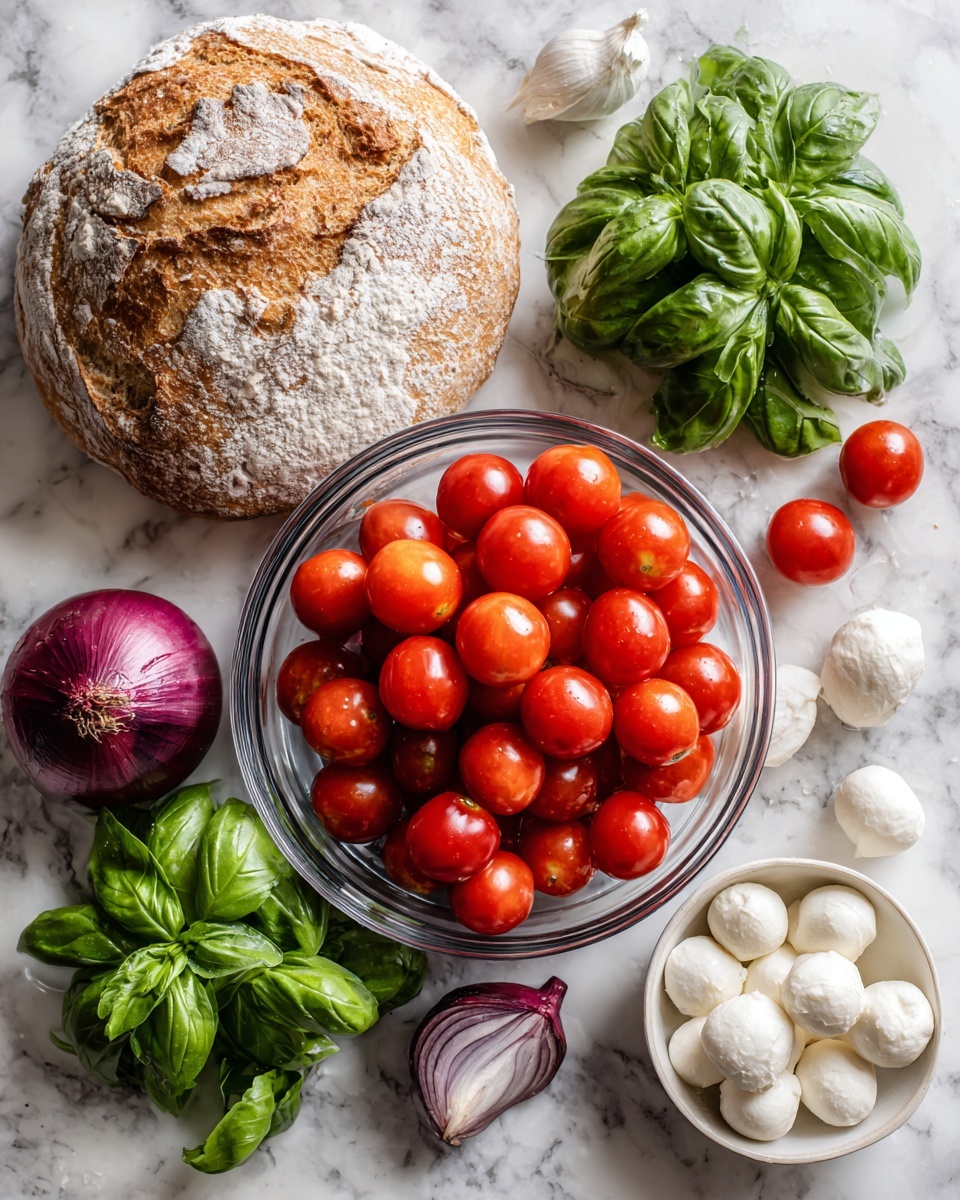 A clear glass bowl filled with bright red cherry tomatoes sits in the center, surrounded by a small white bowl with round white mozzarella balls on the right, a bunch of fresh green basil leaves below, a whole purple onion on the bottom left, and a round loaf of bread with a cracked crust dusted with flour on the top left, all placed on a white marbled surface photo taken with an iphone --ar 4:5 --v 7