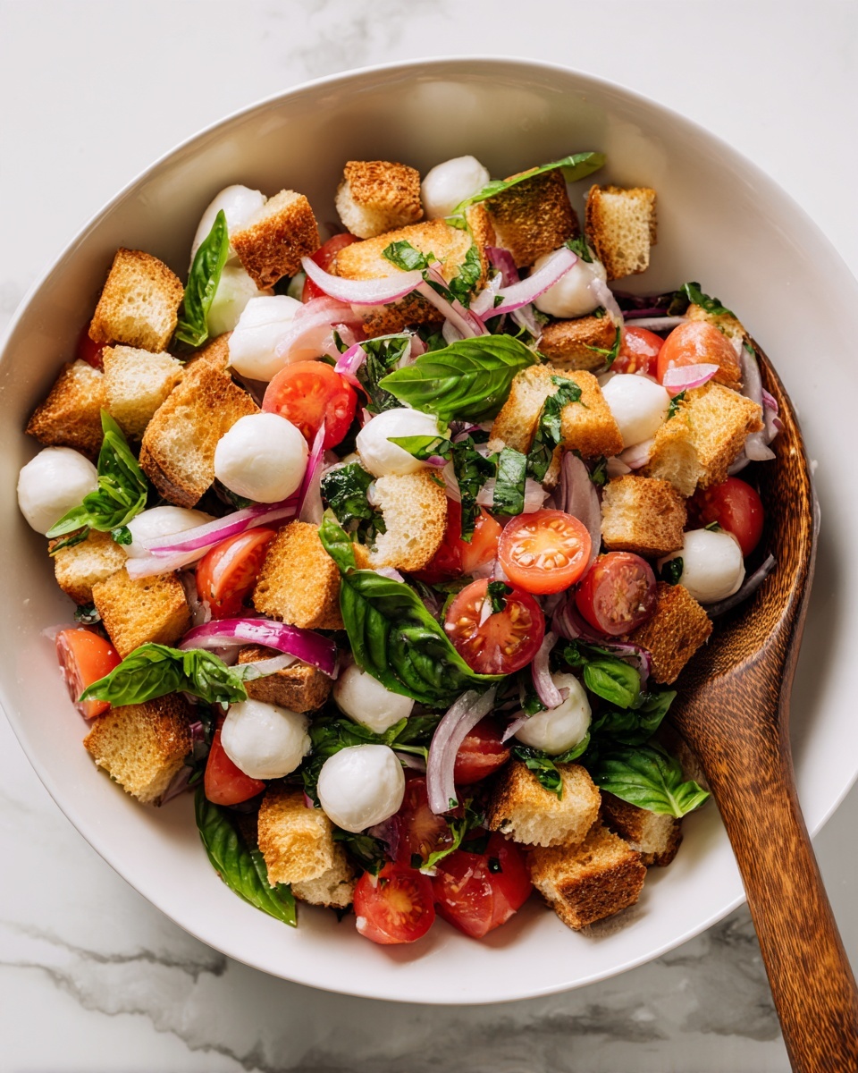 A white bowl filled with a colorful salad consisting of three main layers: the bottom layer of fresh green basil leaves scattered throughout, the middle layer of bright red tomato wedges and thin slices of purple onion, and the top layer of golden brown crispy bread cubes mixed with small white mozzarella balls. A wooden serving spoon is placed inside the bowl, resting on the right side, showing a mix of the salad ingredients. The bowl sits on a white marbled surface. photo taken with an iphone --ar 4:5 --v 7