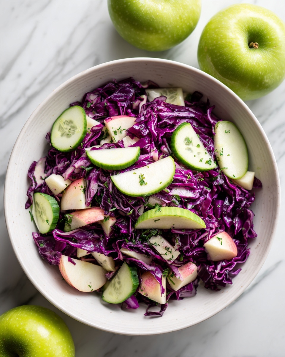 The image shows a white bowl filled with a fresh salad made of three main layers: the bottom layer is thinly sliced purple cabbage with a shiny, crisp texture; the middle layer consists of light green cucumber slices with a smooth, moist surface; on top are small chunks of pale green apple pieces with pinkish edges, mixed with finely chopped bright green herbs and scallions. The bowl is placed on a white marbled surface with two whole green apples visible in the background. The lighting makes the colors of the salad bright and fresh. Photo taken with an iphone --ar 4:5 --v 7