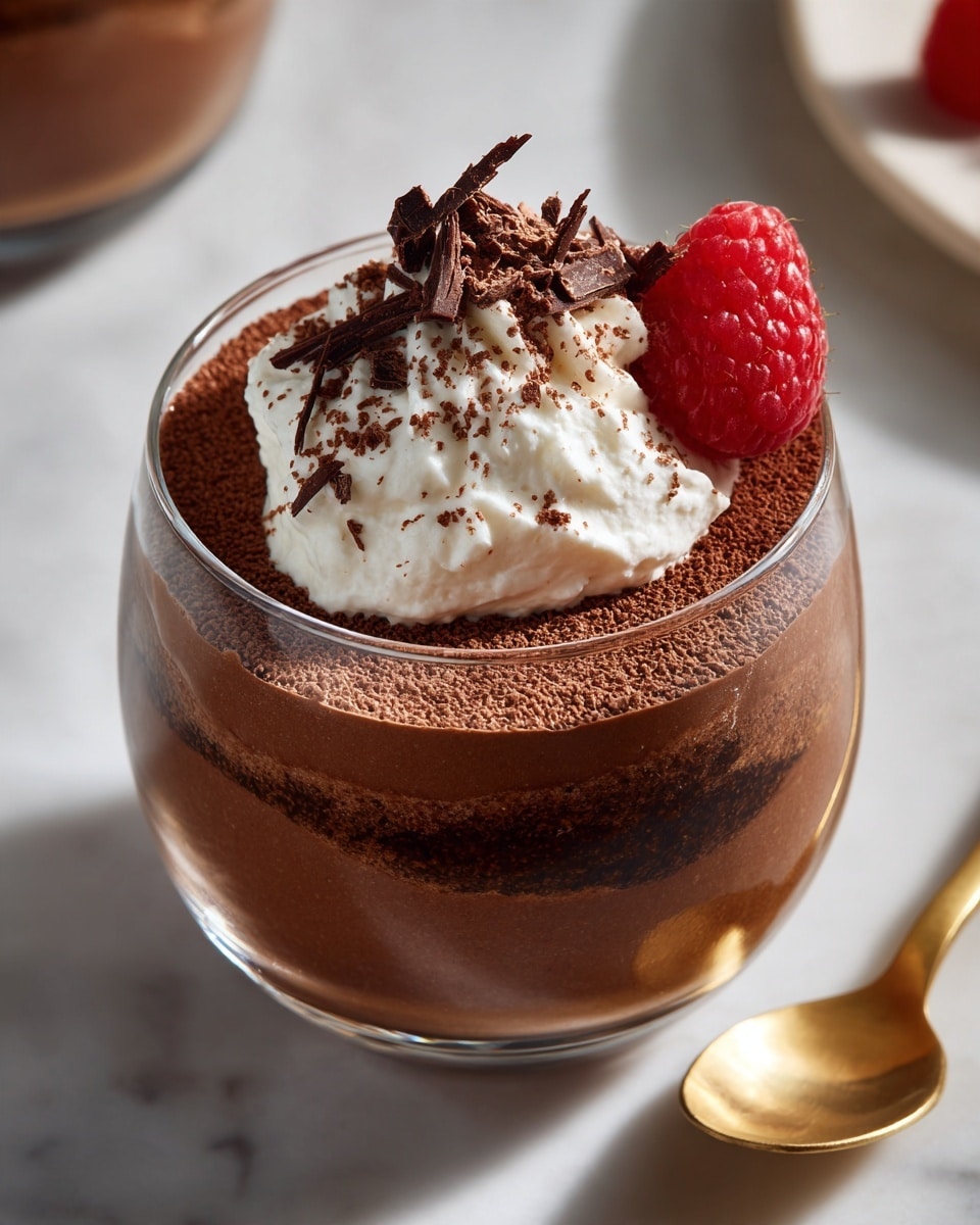 A clear glass cup holds three visible layers of creamy chocolate mousse, smooth and dark brown in color with a slightly shiny texture. The top has a dusting of fine cocoa powder, with a large dollop of white whipped cream sitting centrally. The whipped cream is soft and fluffy, sprinkled on top with fine dark brown chocolate curls. To the left of the whipped cream, a bright red raspberry sits fresh and plump, adding a pop of color. The cup is placed on a white marbled surface near a golden spoon, with a blurred yellow box and a glass of chocolate drink in the background. photo taken with an iphone --ar 4:5 --v 7