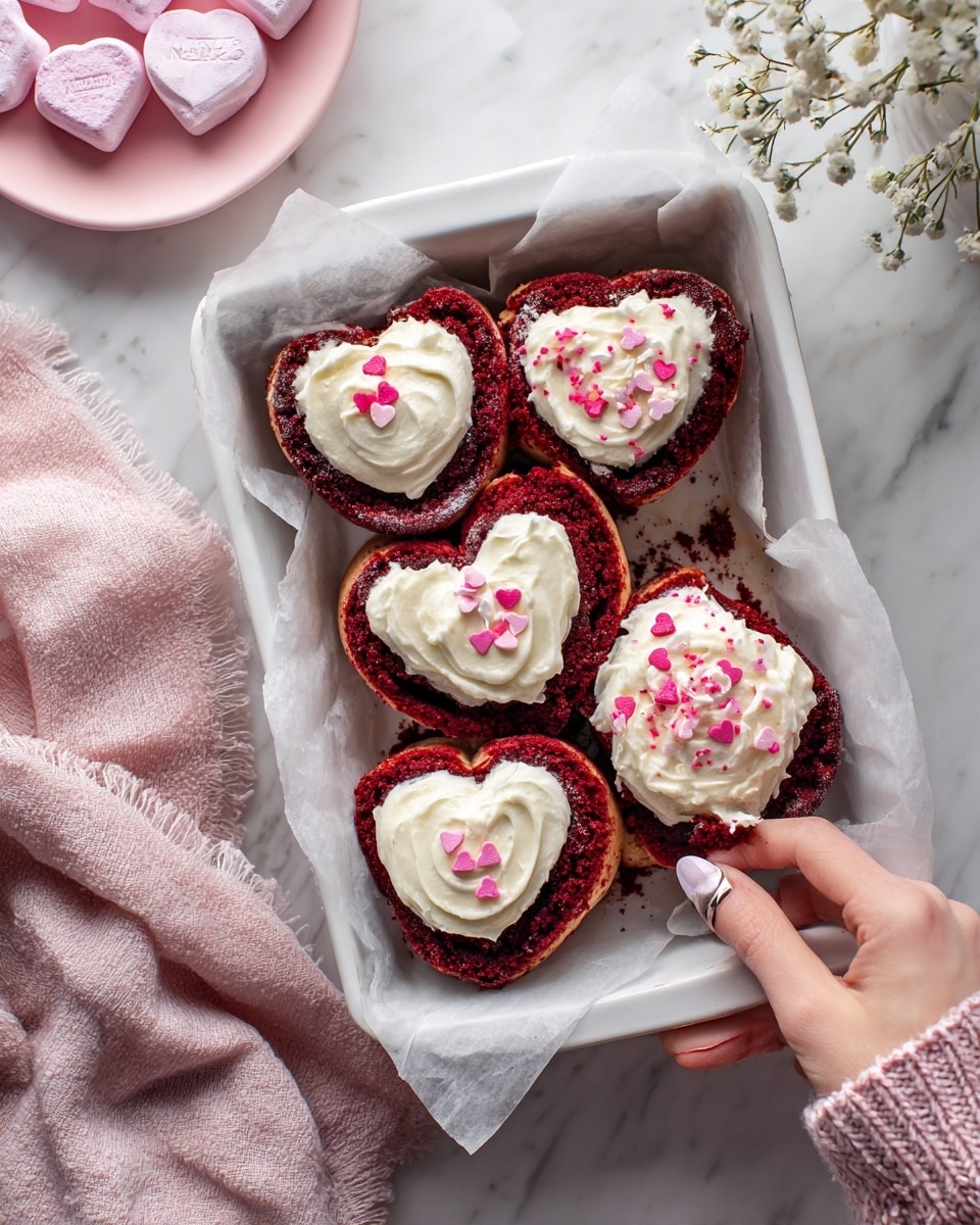 Inside a white baking dish lined with parchment paper, there are eight heart-shaped cinnamon rolls with a deep red color. Each roll shows swirled layers of red dough and dark cinnamon filling, with a creamy white icing generously spread on top of six rolls. Small pink and red heart-shaped sprinkles add a cute detail on the iced rolls. One roll at the bottom right is being held by a woman's hand wearing a pink sweater with a red heart pattern. The baking dish is placed on a white marbled surface, with a small bunch of baby's breath flowers and a pink heart-shaped plate with sprinkles in the background. photo taken with an iphone --ar 4:5 --v 7