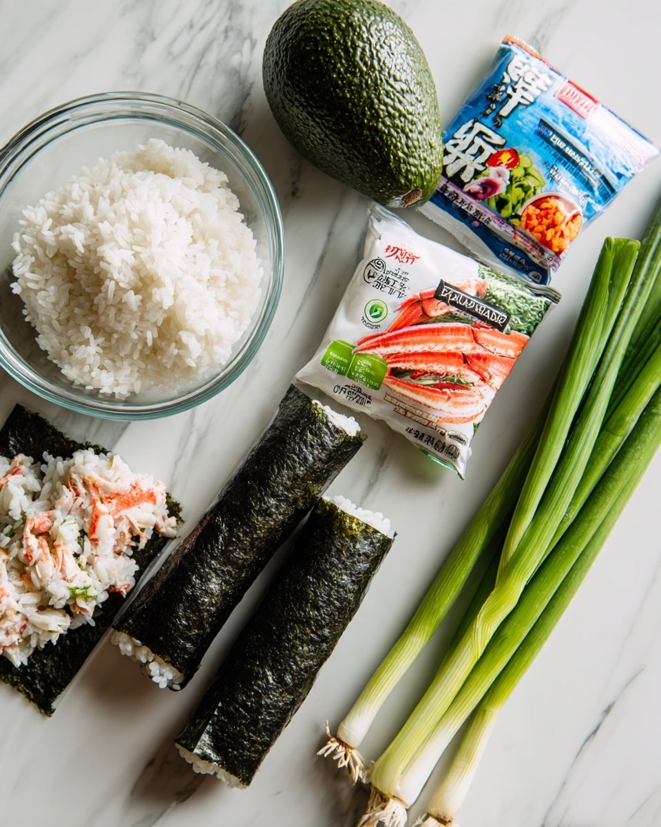 The image shows ingredients laid out on a white marbled surface. There is a clear glass measuring cup filled with white rice placed near an avocado with dark green, rough skin. Next to the avocado are two blue packets of imitation crab meat with red and white colors visible through the packaging. On the right side, three green onions with white ends and a long dark green cucumber rest on the surface. A white package of seaweed sushi wraps with colorful sushi roll pictures is also visible under the measuring cup and avocado. The scene is well lit, showing the fresh texture of all ingredients photo taken with an iphone --ar 4:5 --v 7