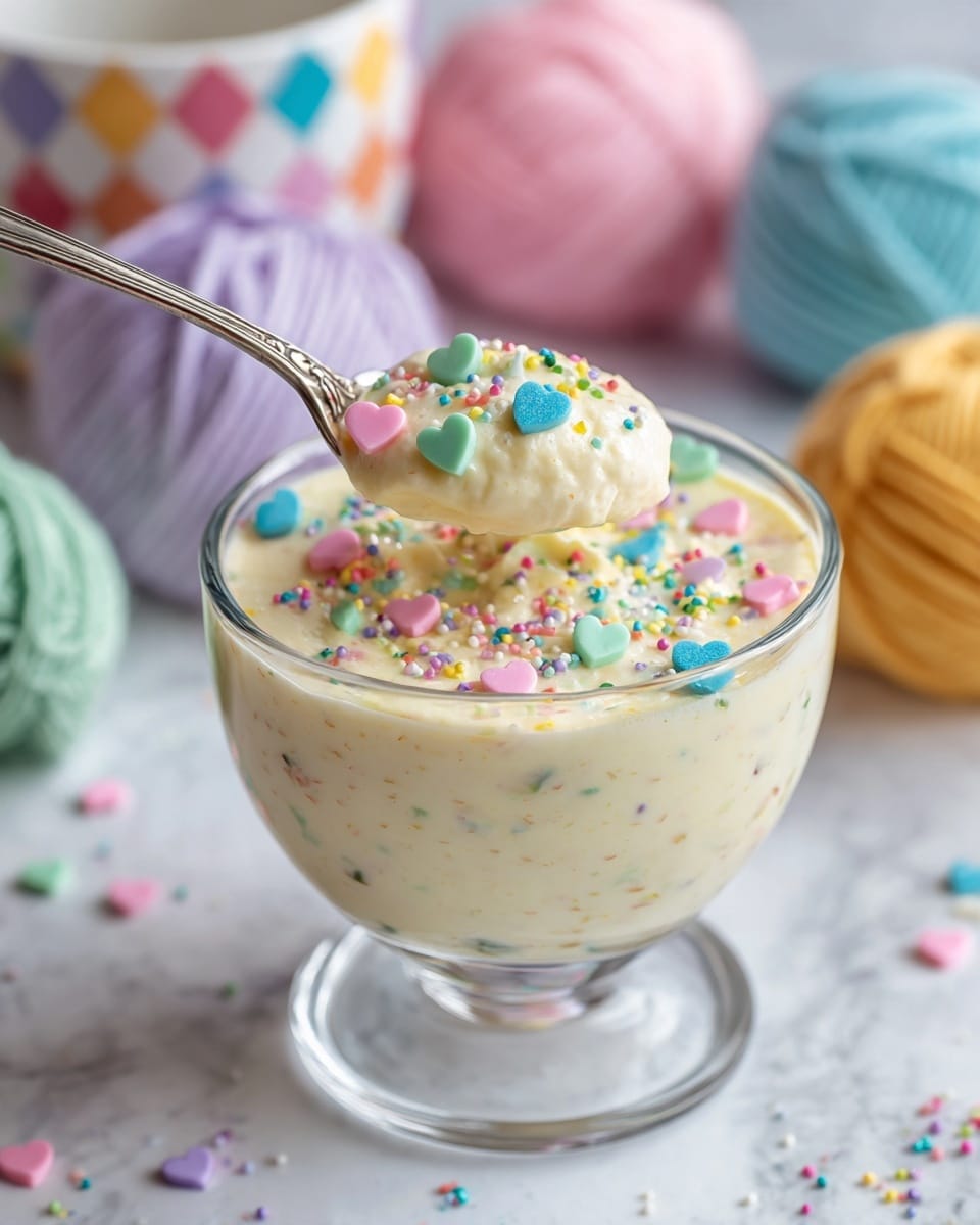 A close-up view of a small glass jar filled with creamy, light beige pudding or dessert topped with colorful pastel sprinkles in soft shapes like hearts, circles, and butterflies. A spoon with the creamy dessert and sprinkles rests inside the jar, showing the smooth texture and some small lumps of the dessert. In the background, a white cup with green and yellow checkered pattern sits on a white marbled surface along with some pink fuzzy decorations. The lighting is soft and natural. Photo taken with an iphone --ar 4:5 --v 7