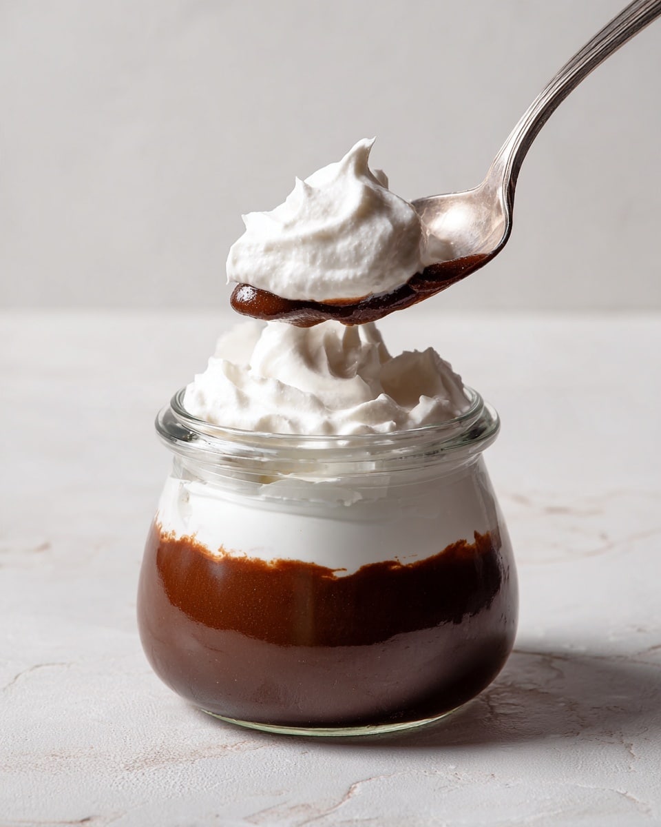 The image shows a clear glass jar filled with two layers: a thick, dark brown chocolate mousse at the bottom and a fluffy, white whipped cream on top. A silver spoon is held above the jar, scooping a mix of the chocolate mousse and whipped cream, showing the contrasting creamy textures and colors. The surface beneath the jar is white with a marbled texture, adding a clean and bright background to the dessert photo taken with an iphone --ar 4:5 --v 7