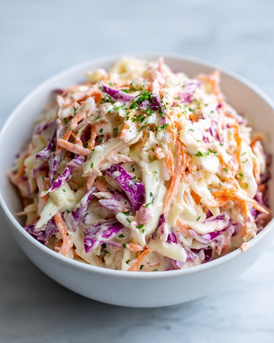 A white bowl filled with a creamy coleslaw mix that has three main layers: shredded white cabbage, thin orange carrot strips, and small bits of purple cabbage all coated evenly in a light pinkish creamy dressing. Sprinkled on top are small green parsley leaves for a touch of color contrast. The bowl sits on a white marbled surface with soft lighting showing the texture of the mix close up. photo taken with an iphone --ar 4:5 --v 7