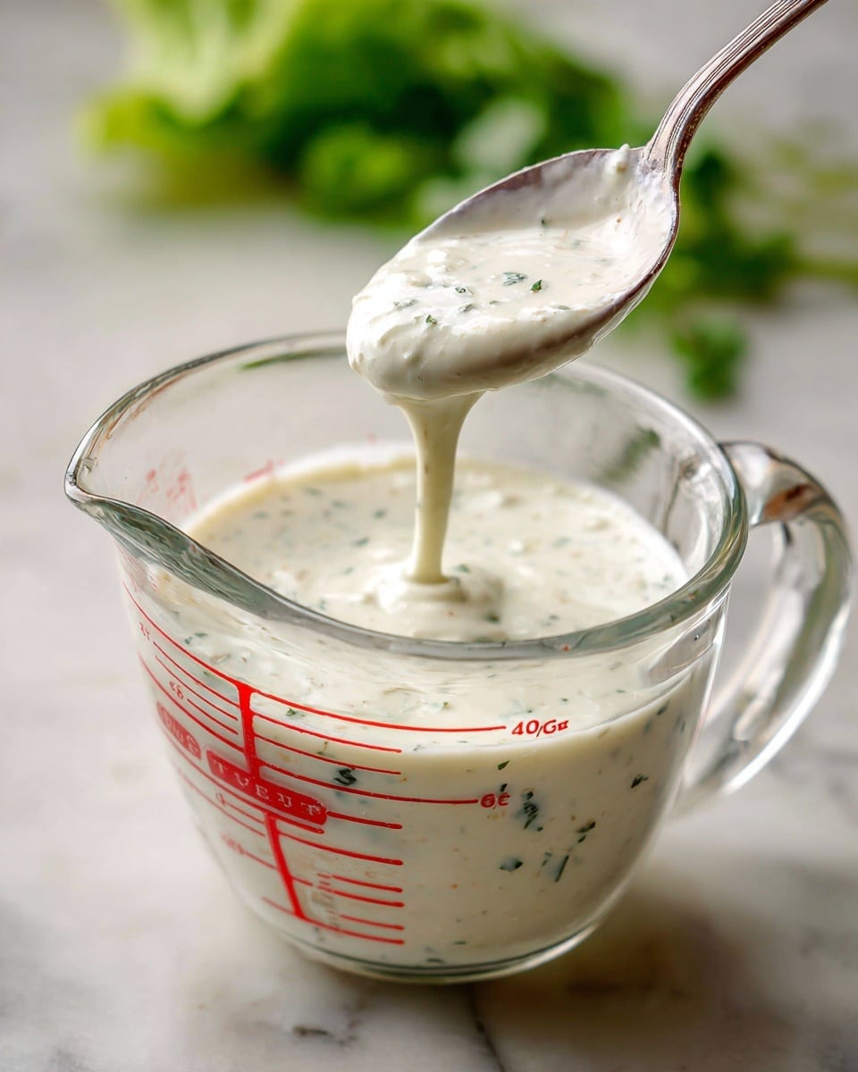 The image shows a clear glass measuring cup filled with a thick creamy white sauce speckled with small black and green herbs. A metal spoon is lifting some of the sauce, which drips slowly back into the cup, showing its smooth and slightly thick texture. The measuring cup has bright red markings on the outside, and a bunch of fresh green leafy lettuce is blurred in the background. The scene is set on a white marbled surface photo taken with an iphone --ar 4:5 --v 7