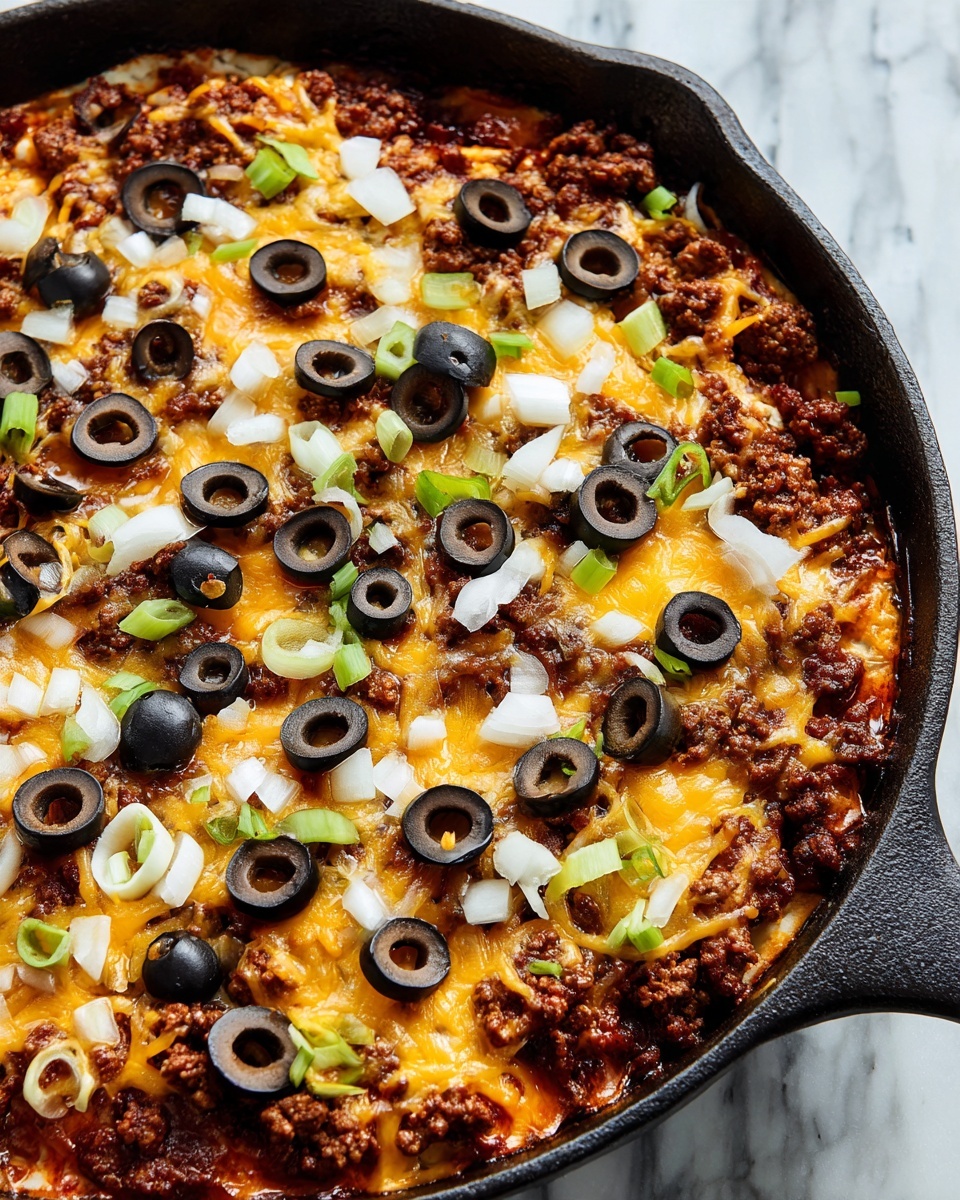 This image shows a close-up of a dish in a black cast iron skillet, placed on a white marbled surface. The dish has several layers, starting with a base of cooked ground meat mixed with red beans, showing rich brown tones. Melted cheese covers the meat partially, with white melted textures and some golden spots from baking. On top, there are scattered pieces of chopped white onion and sliced black olives, giving a mix of translucent white and dark black colors. The edges of the skillet frame the dish tightly, emphasizing the texture of the food inside. Photo taken with an iphone --ar 4:5 --v 7