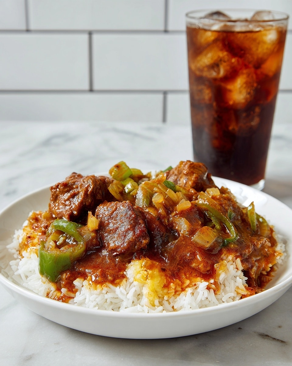 A white plate sits on a white marbled surface holding a bed of white rice in the bottom layer. On top of the rice, there is a thick reddish-brown sauce with chunks of green bell pepper and pieces of cooked meat that are brown with a slightly crispy texture. The sauce spreads unevenly across the plate, mixing with the rice. To the back right of the plate, there is a tall glass filled with iced dark soda, the ice cubes visible through the glass. A metal fork rests on the right edge of the plate, partially under some sauce. photo taken with an iphone --ar 4:5 --v 7